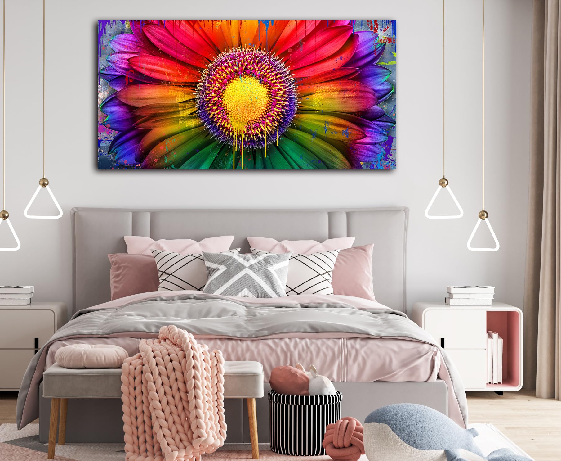 Large Red Flower Artwork For Living Room, 30X60 Inch - Abstract Daisy Flower Bedroom Paintings, Nature Watercolor Floral Paintin