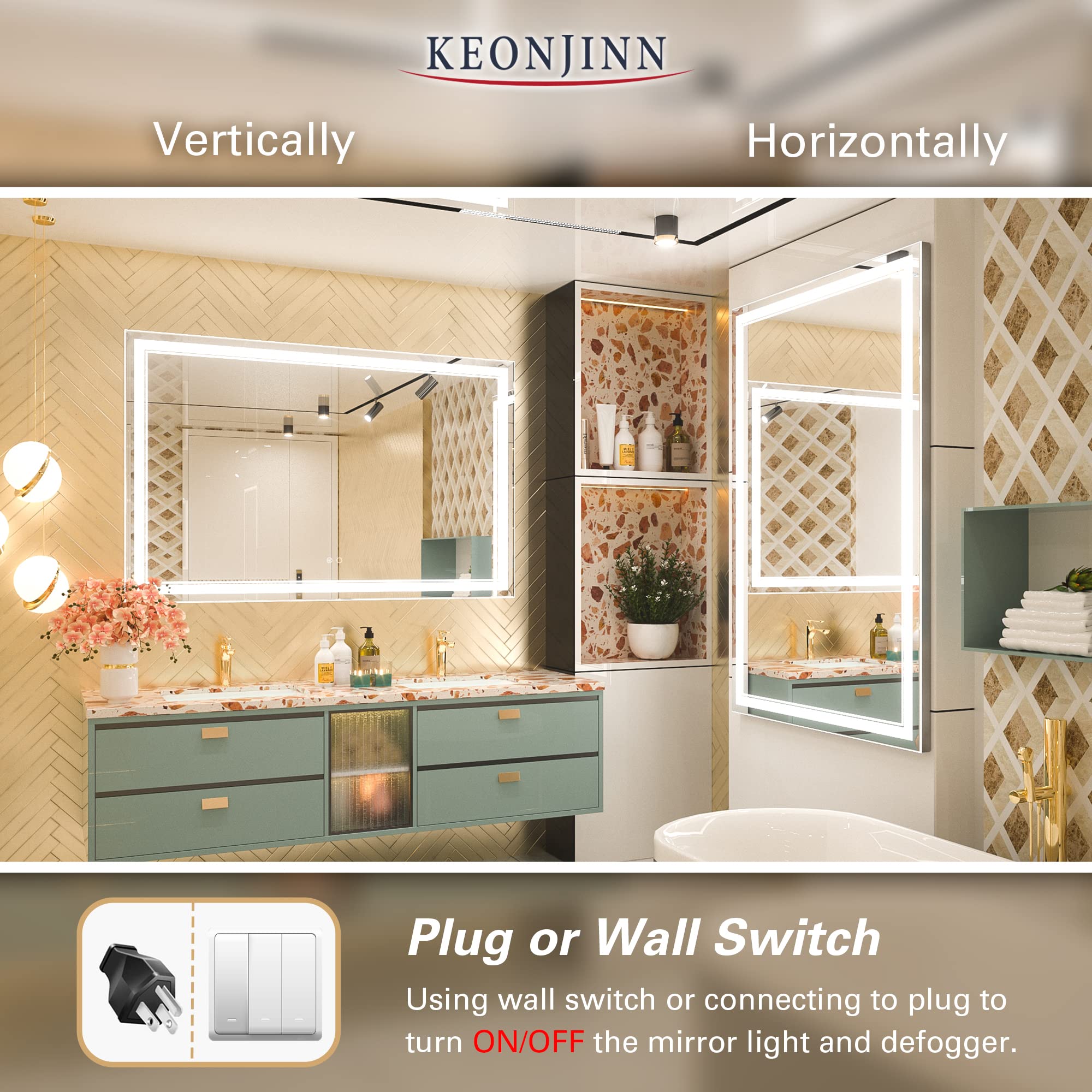 Keonjinn LED Mirror Bathroom Mirror with Lights  Frontlit LED Vanity Mirror  Wall Mounted Anti-Fog Dimmable Lighted Makeup Mirror  IP54 and ShatterProof (Horizontal/Vertical) (55x36)