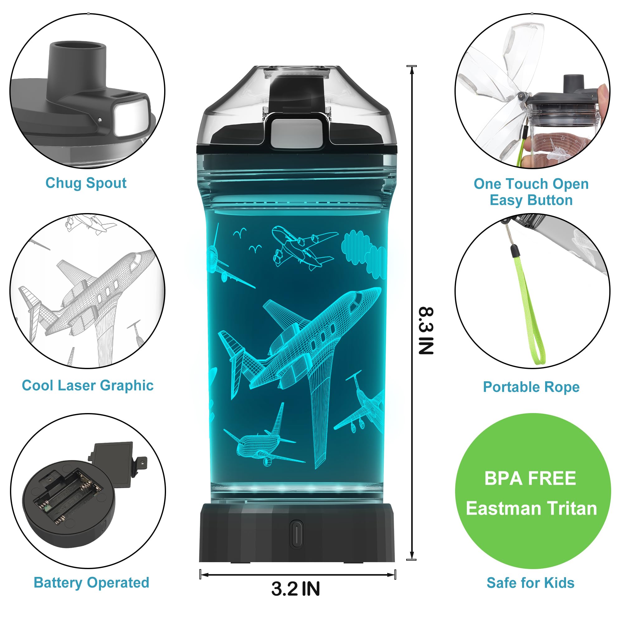 Kids Water Bottle, Airplane-themed Light-Up Sport Cup with 3D Glowing LED Airplane Light - 14 OZ Tritan BPA-Free - Gifts for Sch