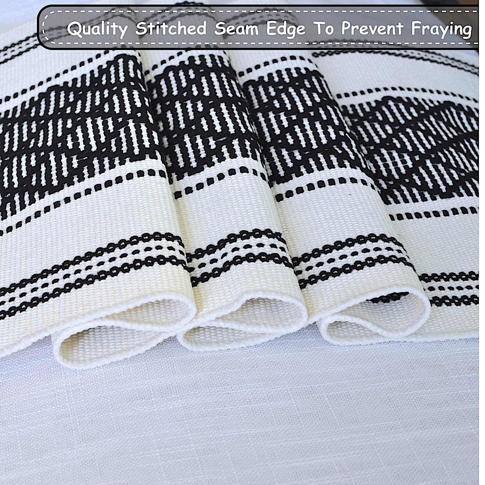 Oveesha Boho Short Coffee Table Runner With Tassels 14 X 48 Inches, Black & Cream/Woven Washable Dresser Scarf And Topper For Be