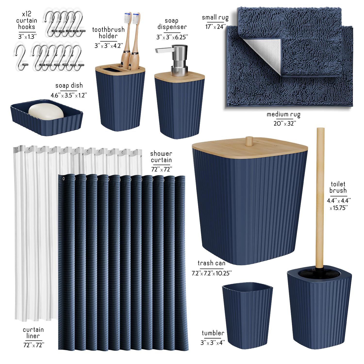 Clara Clark Bathroom Accessories Set - Navy Bathroom Set, Bathroom Sets With Shower Curtain And Rugs, 22Pc Shower Curtain Set Wi