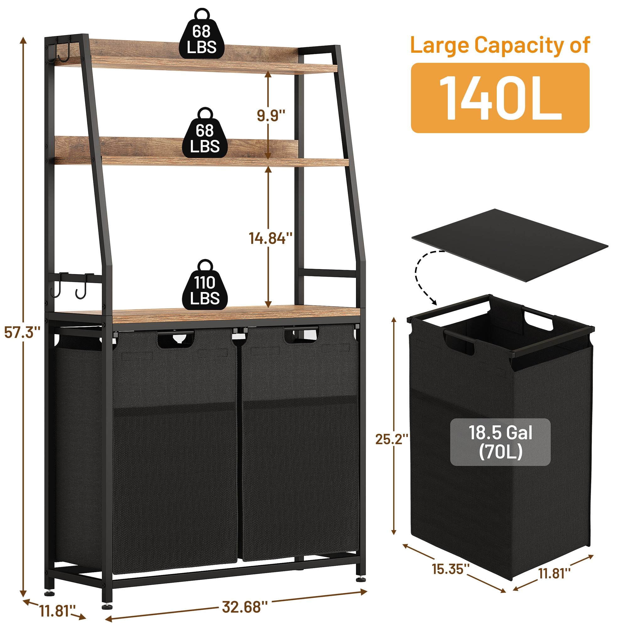 Lulive Double Laundry Hamper With Shelf, Laundry Basket With 3 Tier Storage Shelves & 4 Removable Hooks, Tall Laundry Sorter Clo