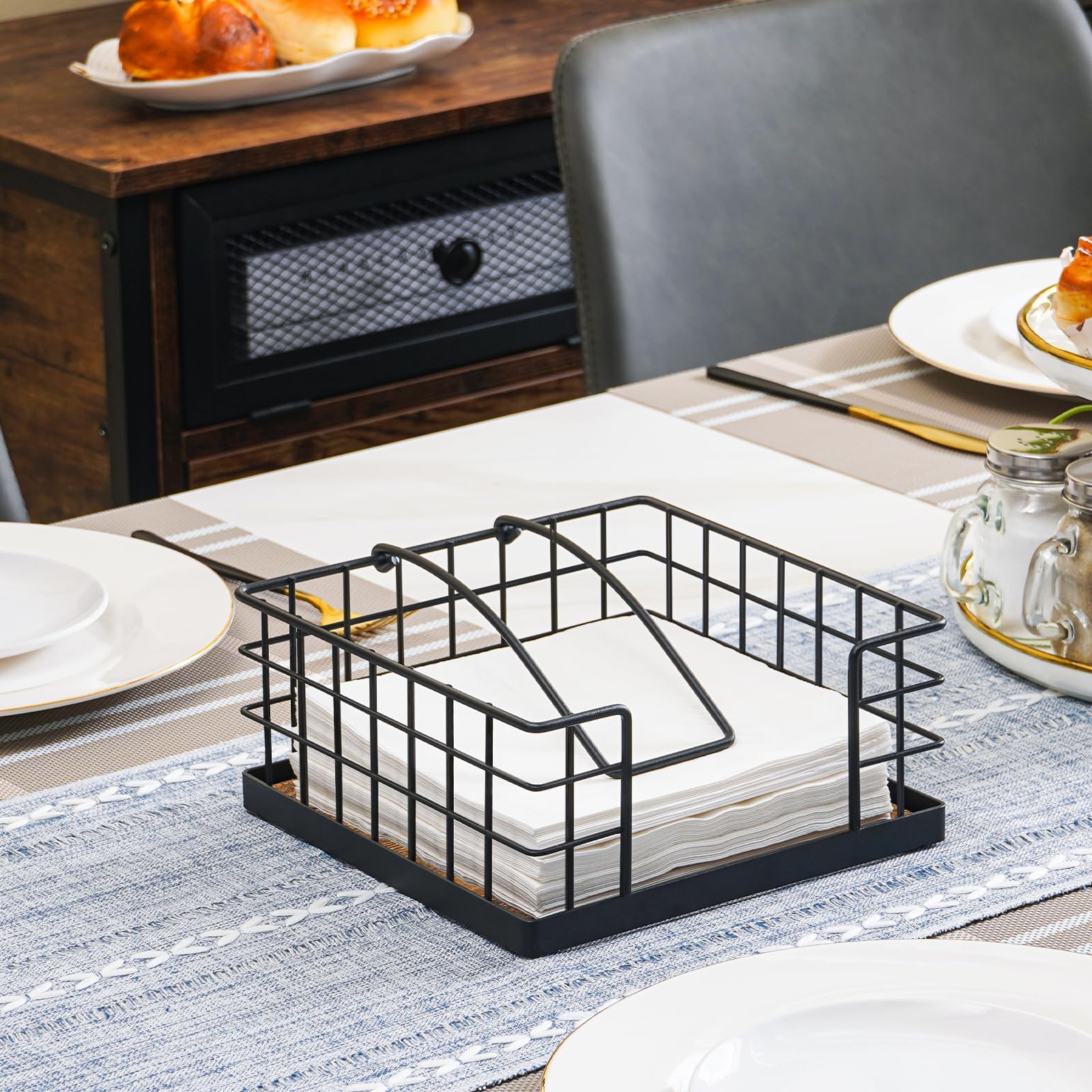 Honiter Napkin Holder For Table, Farmhouse Napkins Holder With Weighted Arm, Wood Napkin Holders For Kitchen, Flat Napkin Dispen