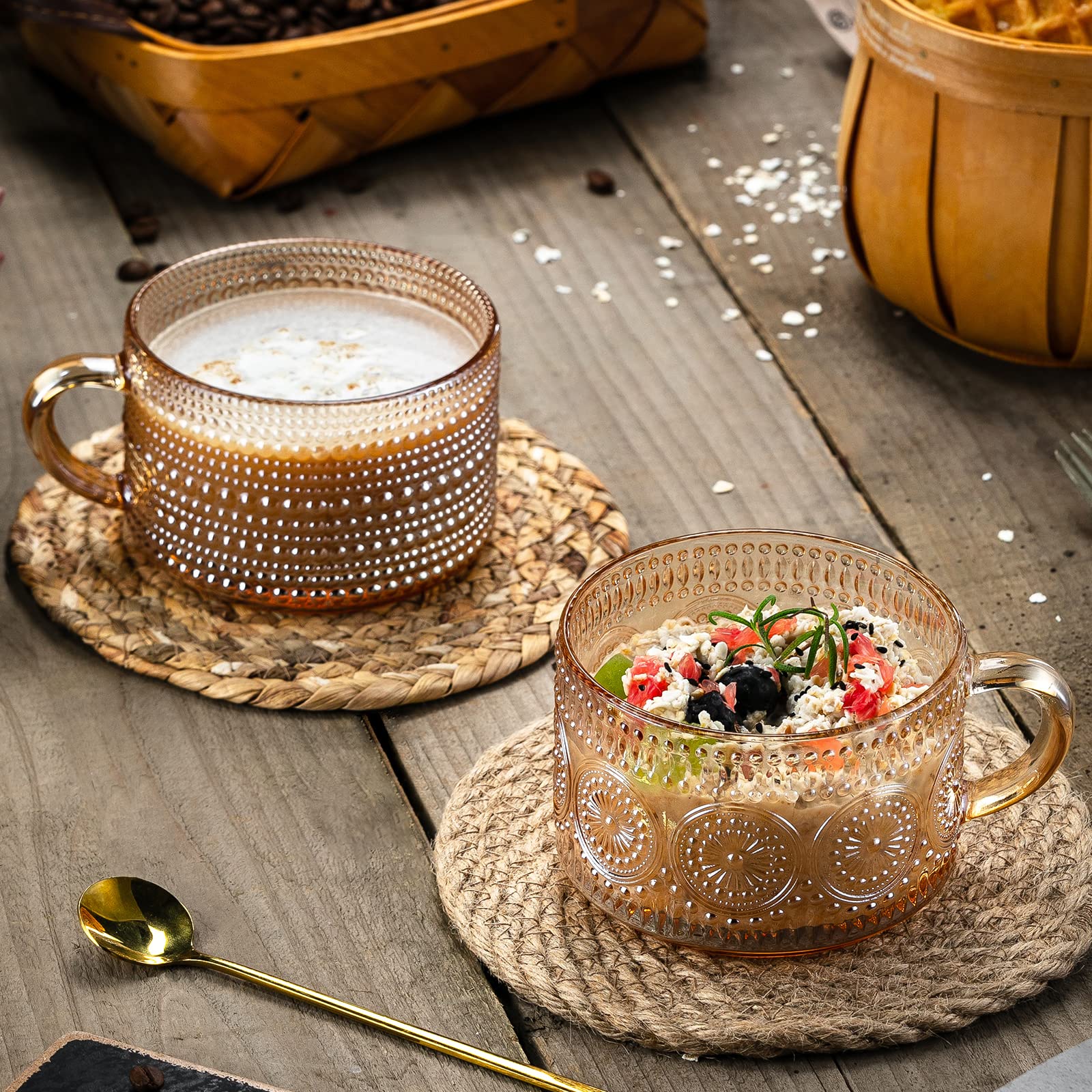 Gezzeny Vintage Coffee Mugs 14 Oz Set Of 2 Amber Embossed Glass Tea Cups For Cappccino, Latte,Cereal, Yogurt, Beverage Christmas