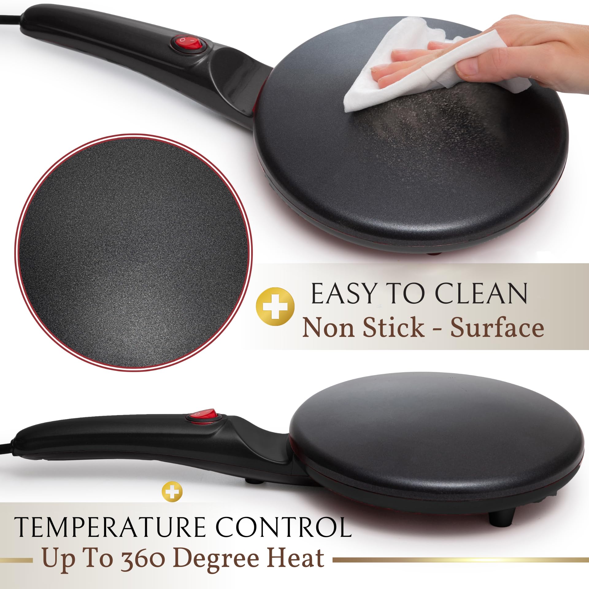 Moss & Stone Electric Crepe Maker With Auto Power Off, 8 Inch Portable Crepe Maker & Non-Stick Dipping Plate, On/Off Switch, Non