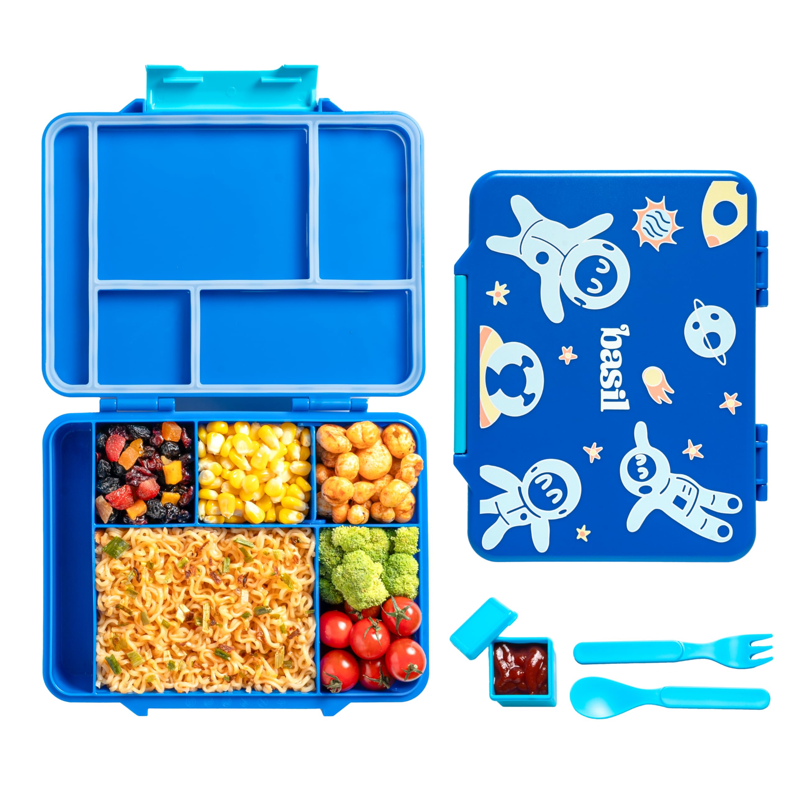 Basil Binge Bento Lunch Box - 1330 Ml | 5-Compartment Leak-Proof Bento Box For Kids | Bpa-Free Tiffin For School | Space