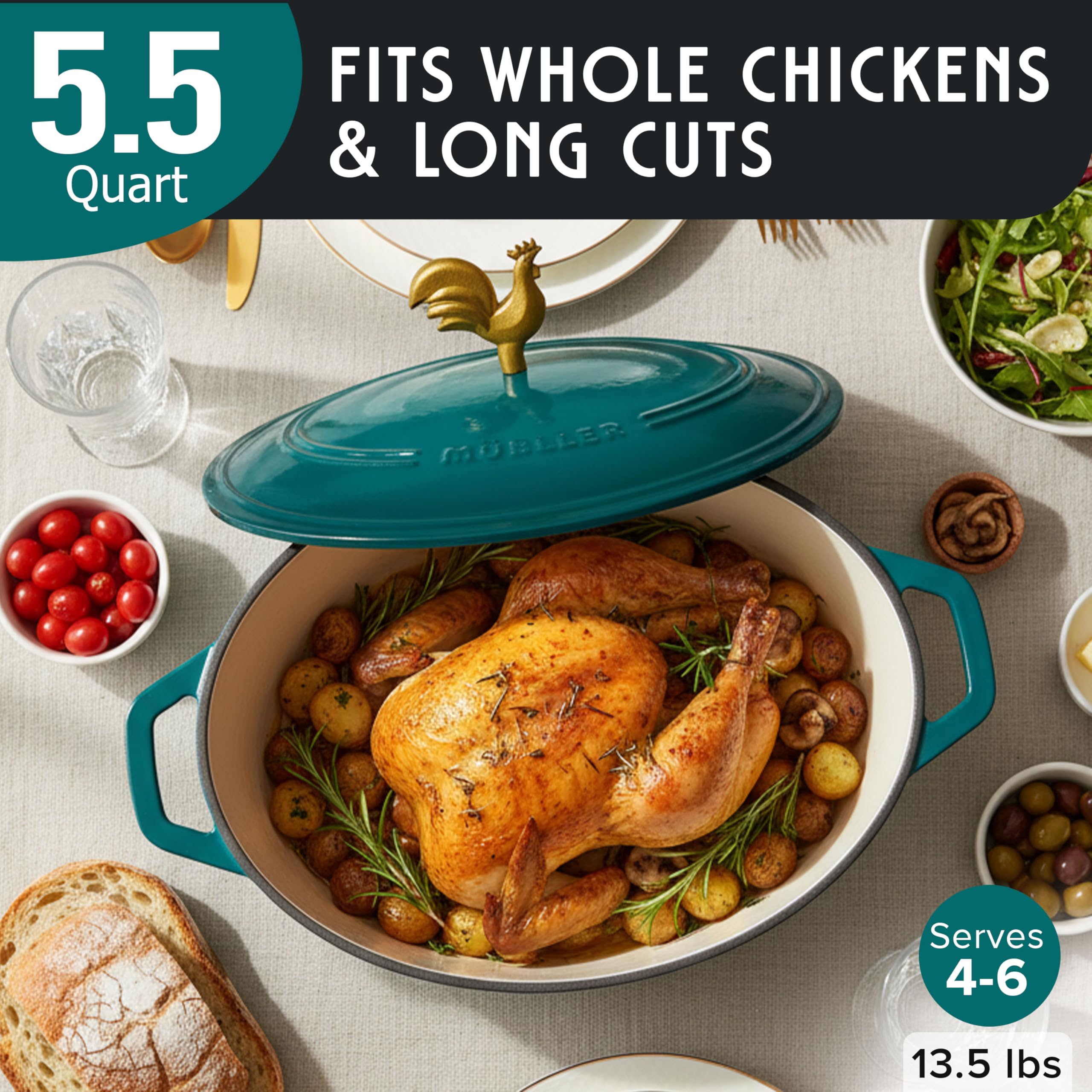 MELLERHOME 5.5 Quart Enameled Cast Iron Oval Dutch Oven, Rooster Knob, Heavy-Duty Cookware, Oven-Safe up to 500 F & Across All C