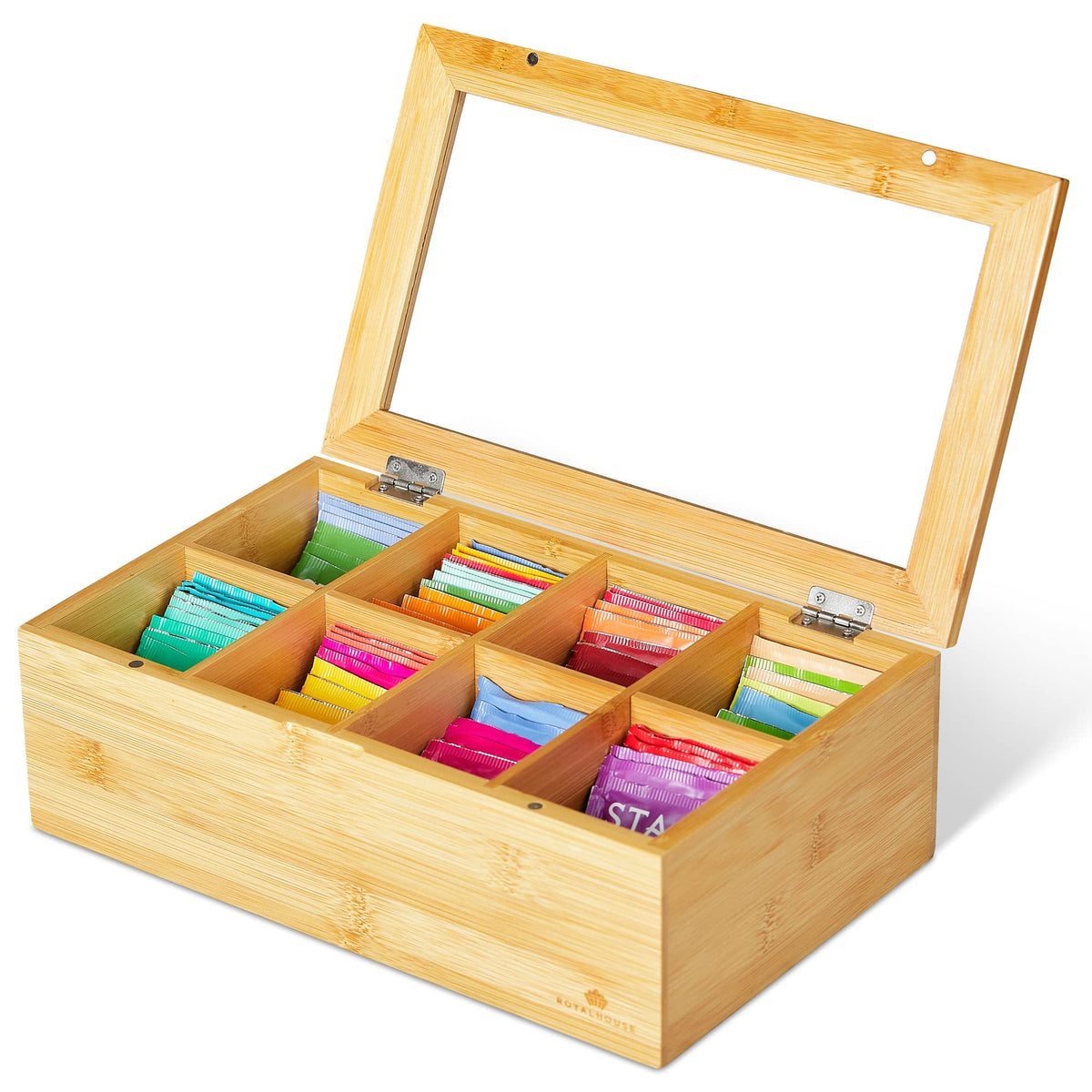 Royalhouse Big Natural Bamboo Tea Storage Organizer With Clear Acrylic Top Window, 8 Compartments Eco-Friendly Tea Bag Holder, M