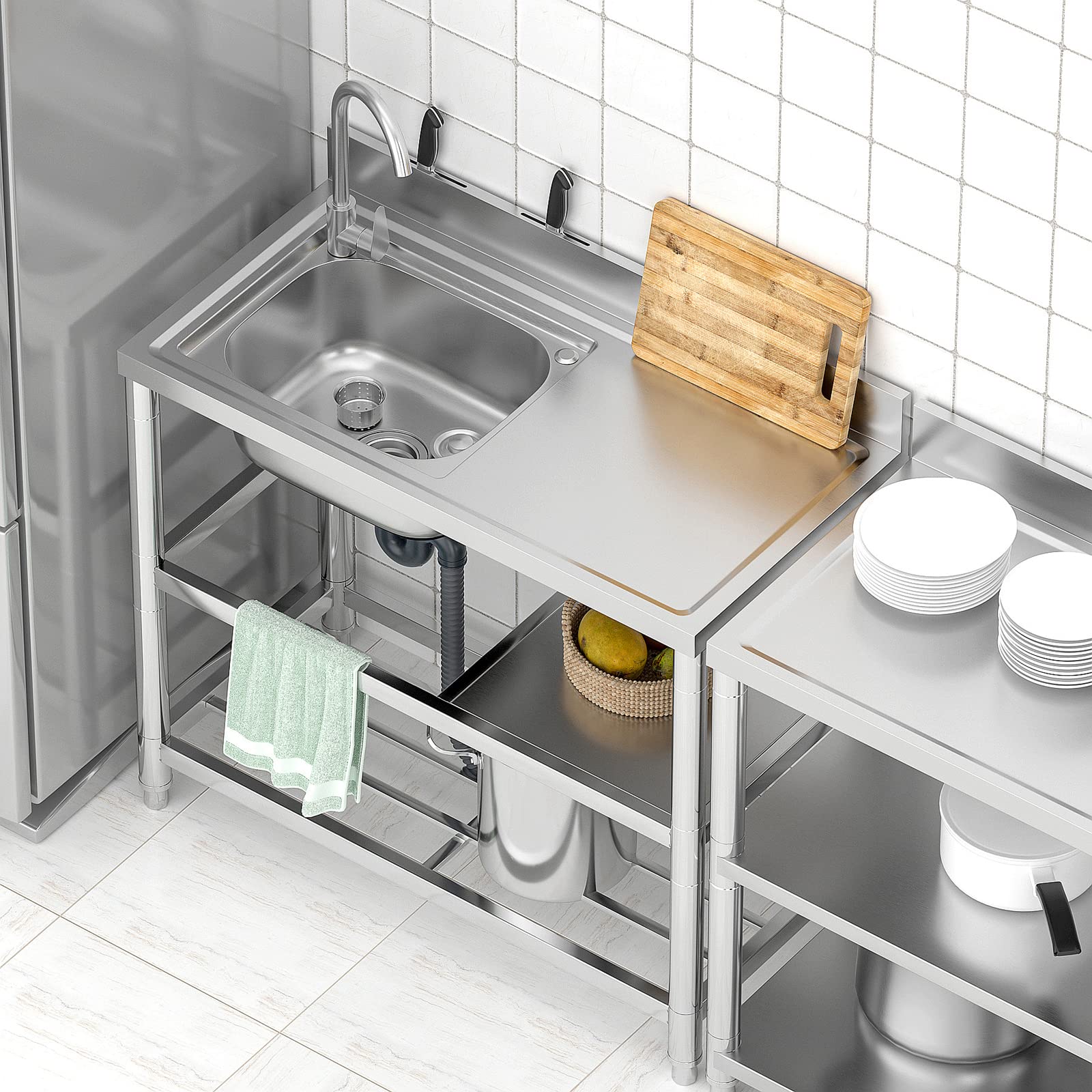 Free Standing Stainless-Steel Single Bowl Commercial Restaurant Kitchen Sink Set W/Faucet & Drainboard, Prep & Utility Washing H