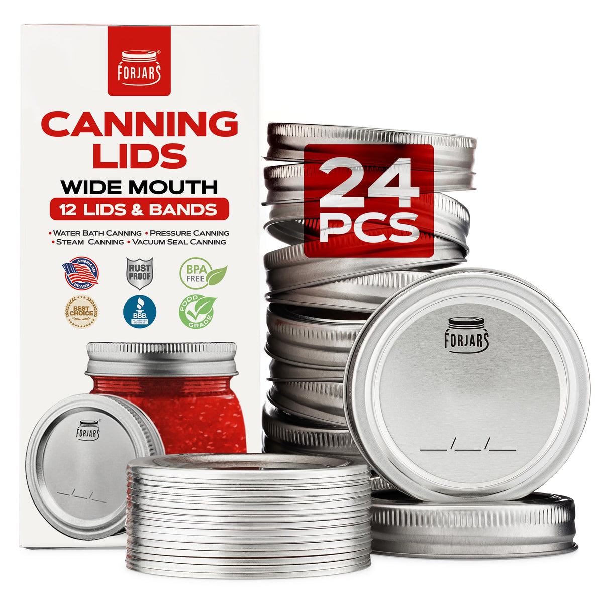 Forjars Wide Mouth Canning Lids And Rings - 24 Pcs / 12 Sets - Airtight Seals On Mason Jars To Preserve Food For Meal Prep - 2.7