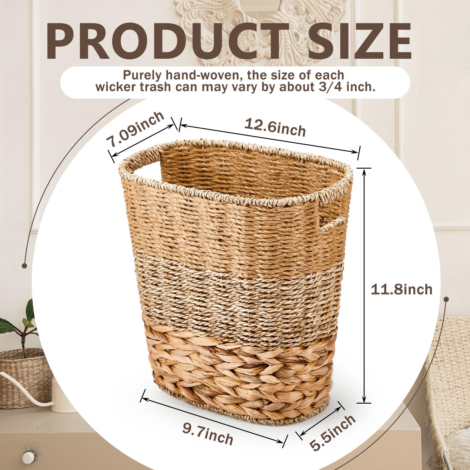 Ziliny 2 Pcs Wicker Trash Can with 50 Small Trash Bag Wicker Waste Woven Basket with Handles Clear Multi Use Garbage Bags for Ba