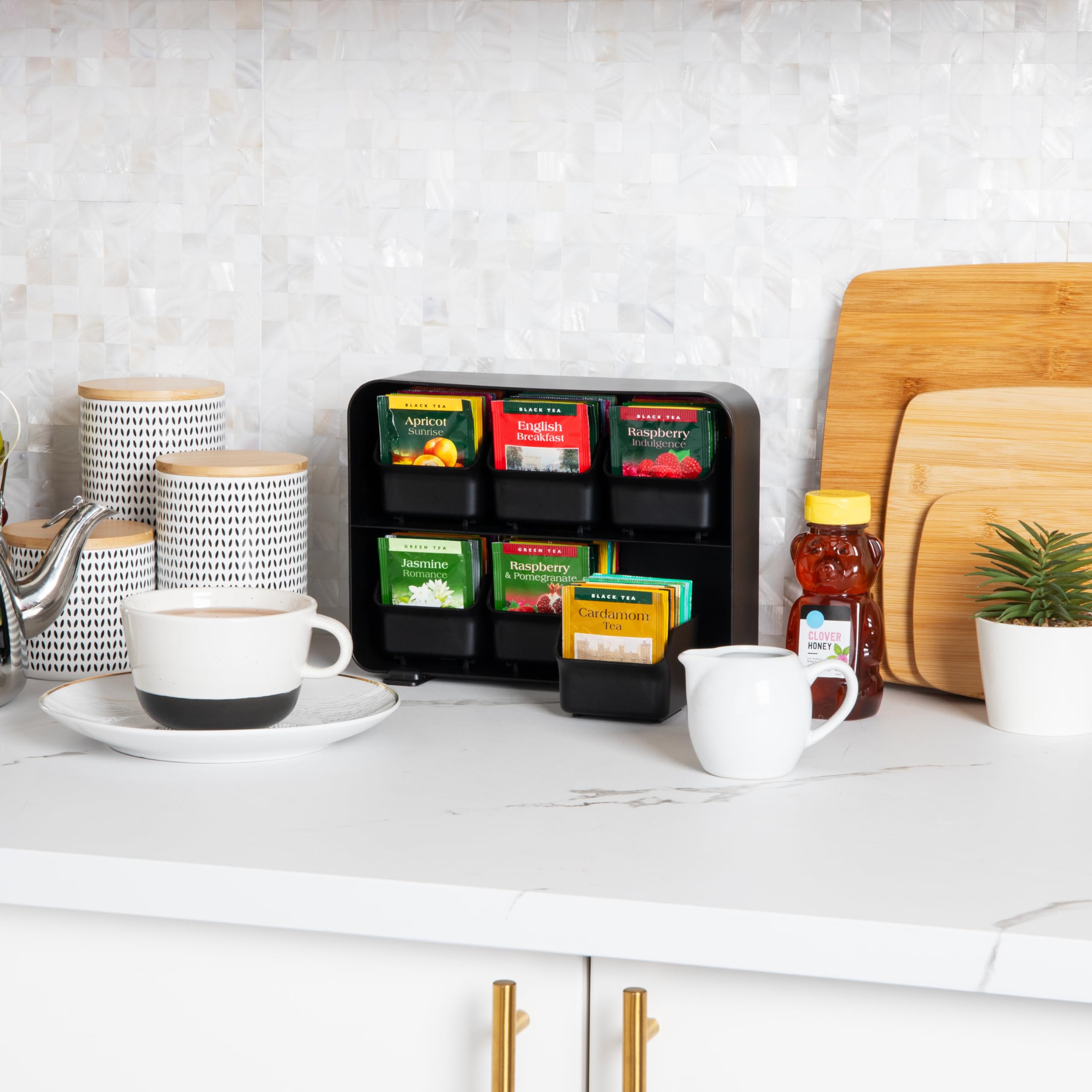 Mind Reader Tea Bag Organizer, Tea Station Organizer, Countertop Storage, Kitchen, Plastic, 10.25''L X 3.25''W X 7.75''H, Black