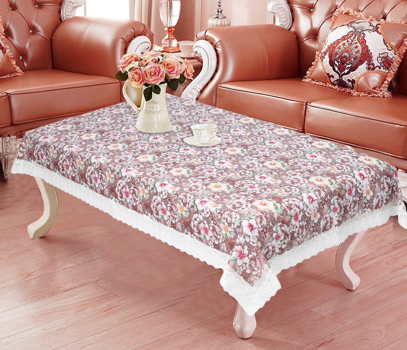 Dakshya Industries PVC Flower Printed Table Cover Washable Waterproof Table Protector Multicolor Table Cover (Center Table Cover