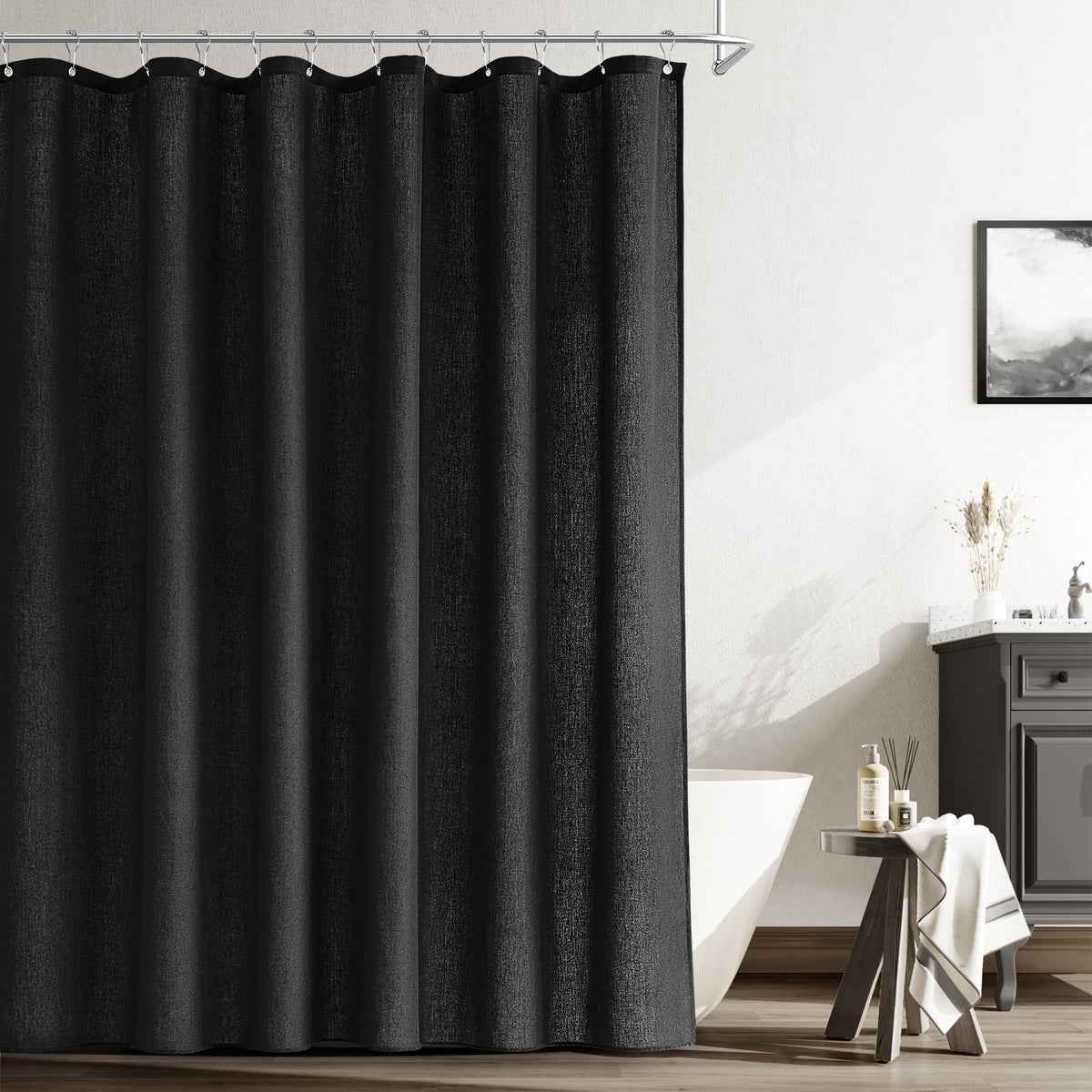 Naturoom Black Linen Shower Curtain Liner Neutral Weighted Cloth Fabric Textured Beige Farmhouse Rustic Burlap Country Style Sho