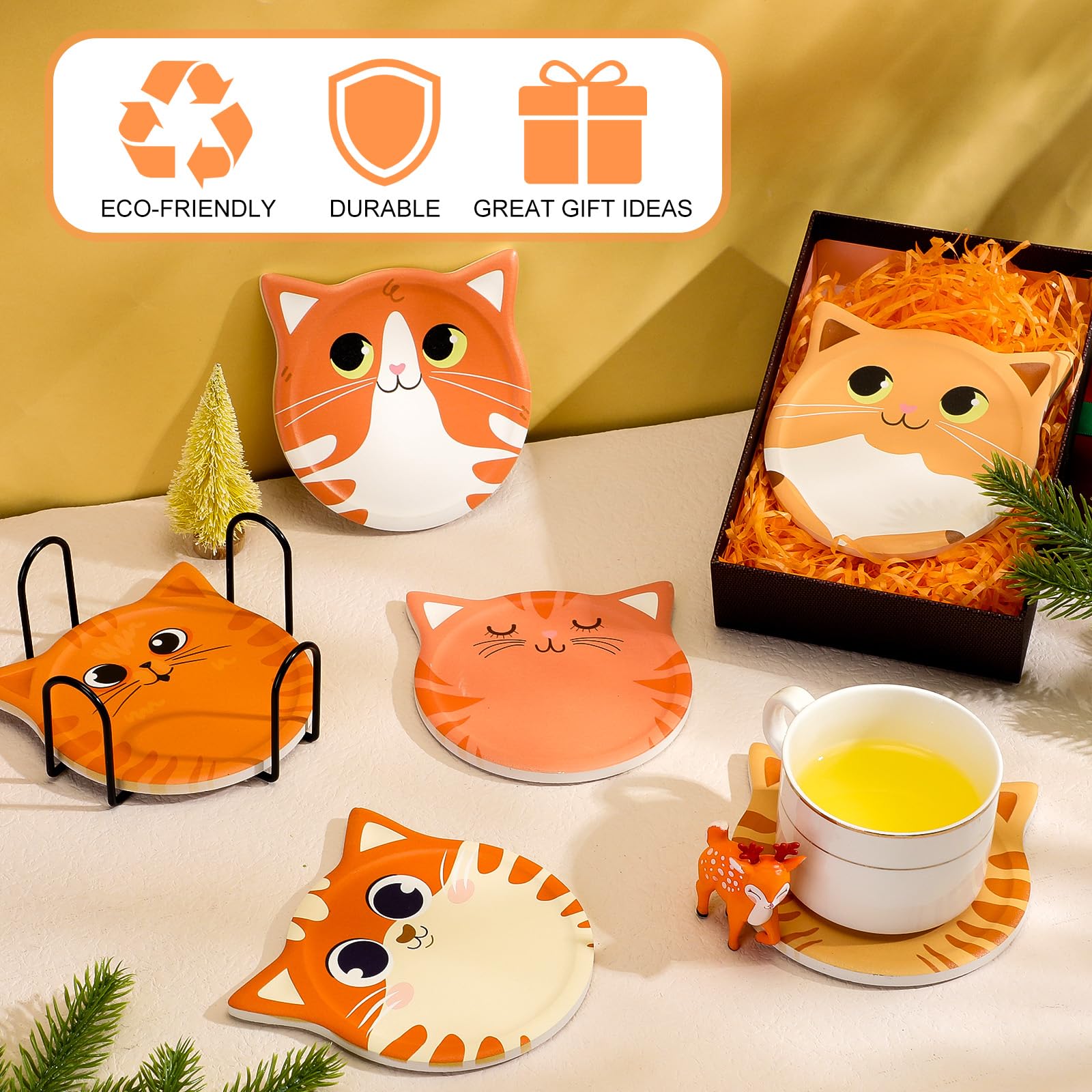 Funny Cat Coasters for Drink Cute Coasters Cat Gift for Cat Lovers Ceramic Coasters with Cork Bottom and Metal Holder for Bar Office Dining Coffee Table Desk Decor 4.25 Inch (Pute Cat Style  6 Pcs)