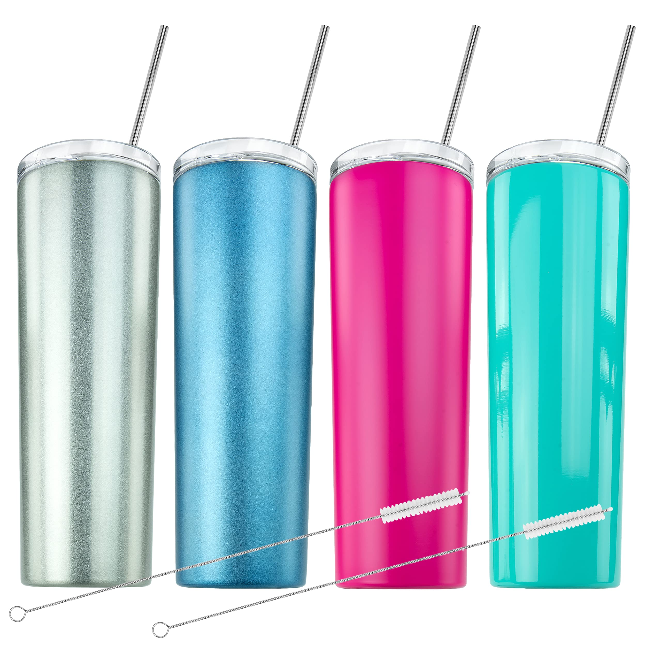 Skinny Insulated Tumbler Cups - 20oz Stainless Steel Double-Walled Tumblers with Lids & Straws, Spill-Resistant, Colorful 4-Pack