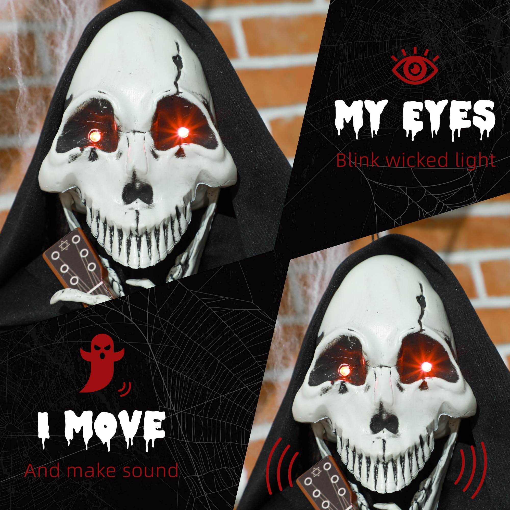 HOMCOM 4.3  Outdoor Halloween Decoration Animatronic Guitar-Playing Grim Reaper, Sound and Motion Activated Animated Prop with L