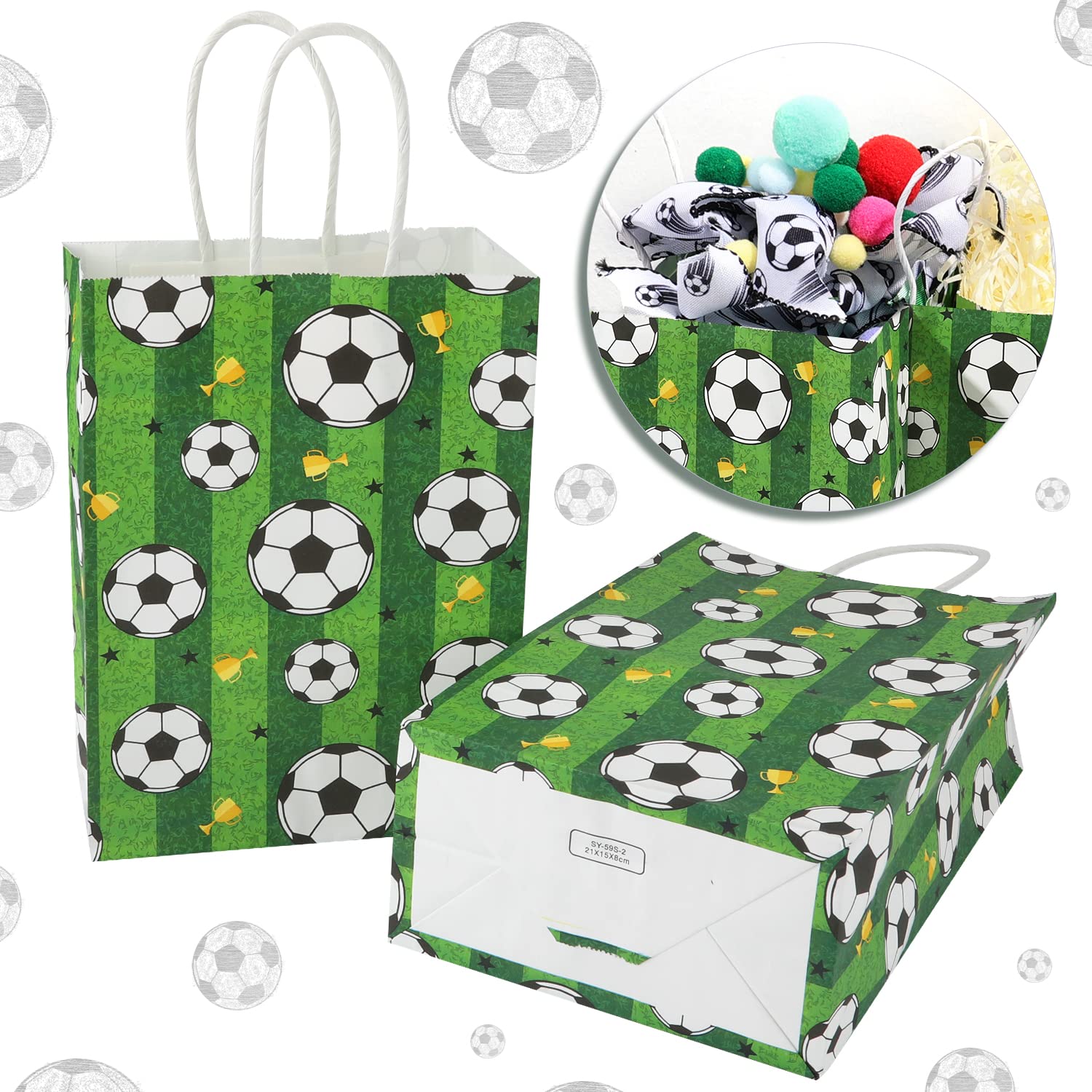 16Pcs Soccer Party Favor Paper Bags, Green Football Gift Bag Football Themed Party Bags With Handles Soccer Goodie Bags Treat Ca