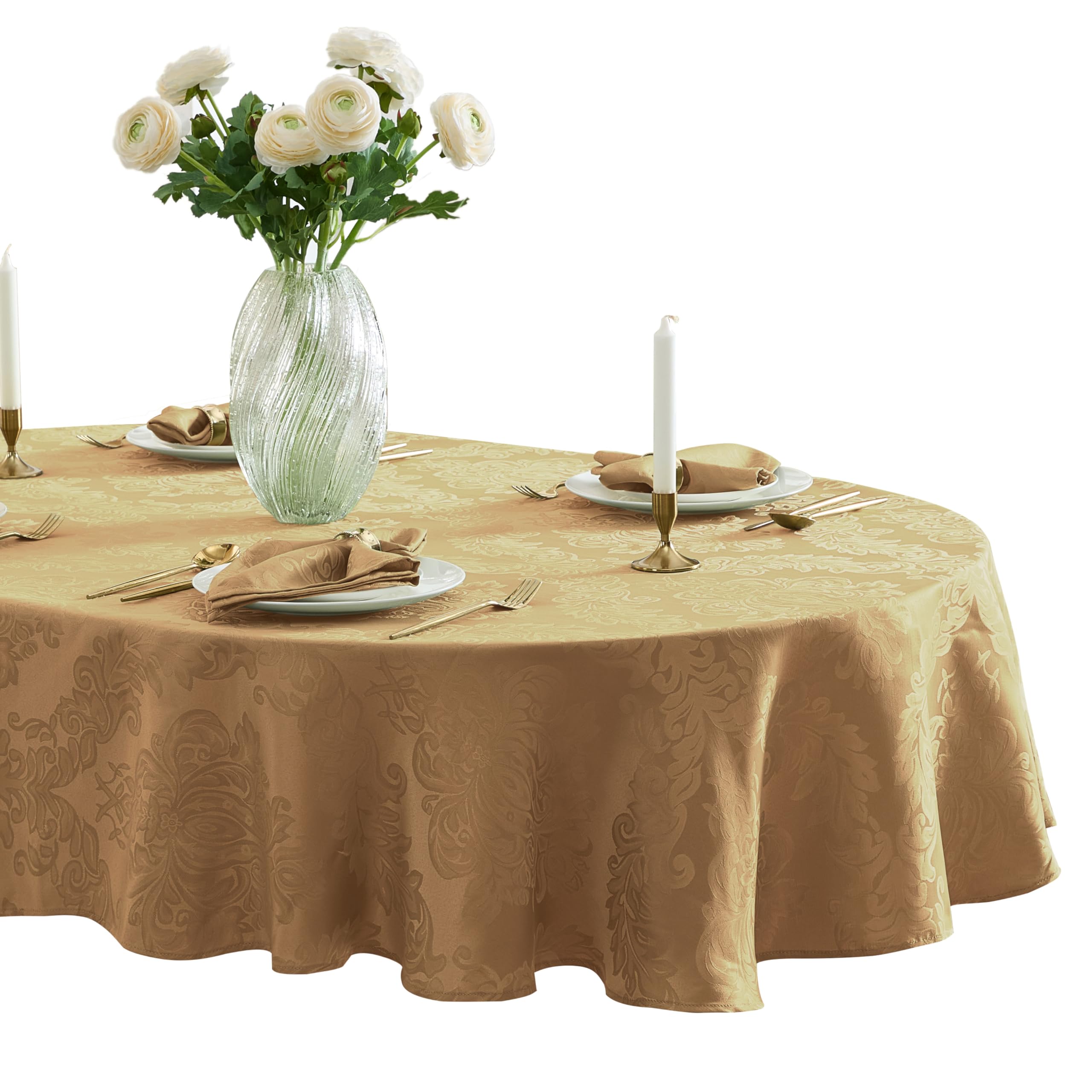 Newbridge Barcelona Damask Fabric Tablecloth, 60 x 84 Inch Oval, Burgundy - No Iron, Soil Resistant Table Cover for Dining, Part