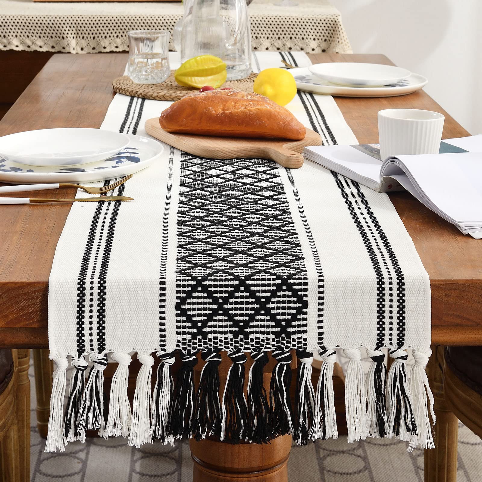 Wracra Boho Woven Table Runner 14 X 72 Inches Black And White Rustic Table Runners Modern Farmhouse Style Vintage Rustic Table R