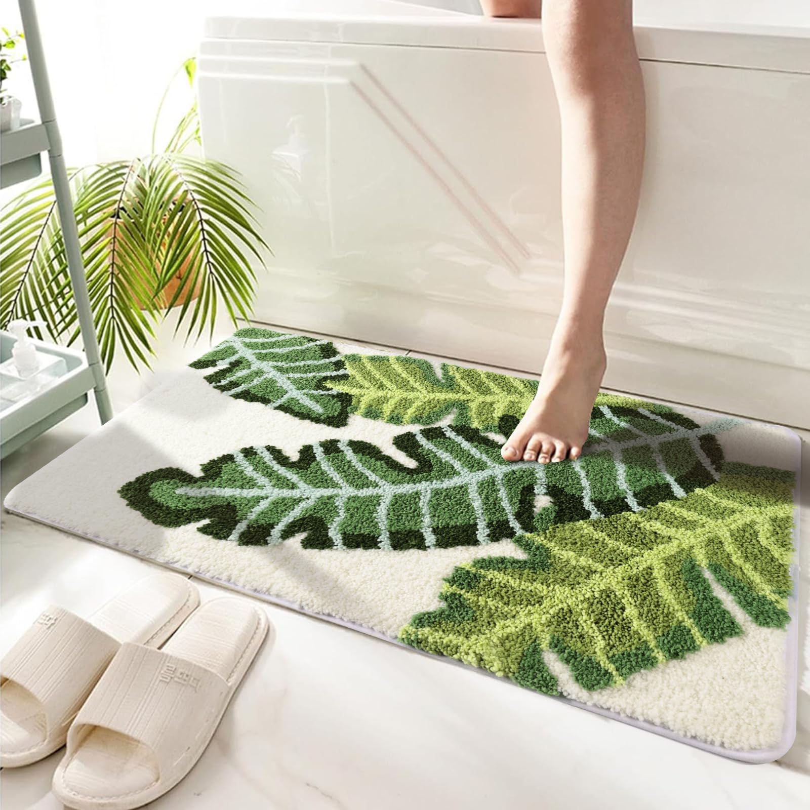 ZGXL Leaves Bath Mat Green Area Rug Non-Slip Soft Absorbent Bathroom Rugs Machine Washable Bath Rug Floor Carpet Entryway Door M