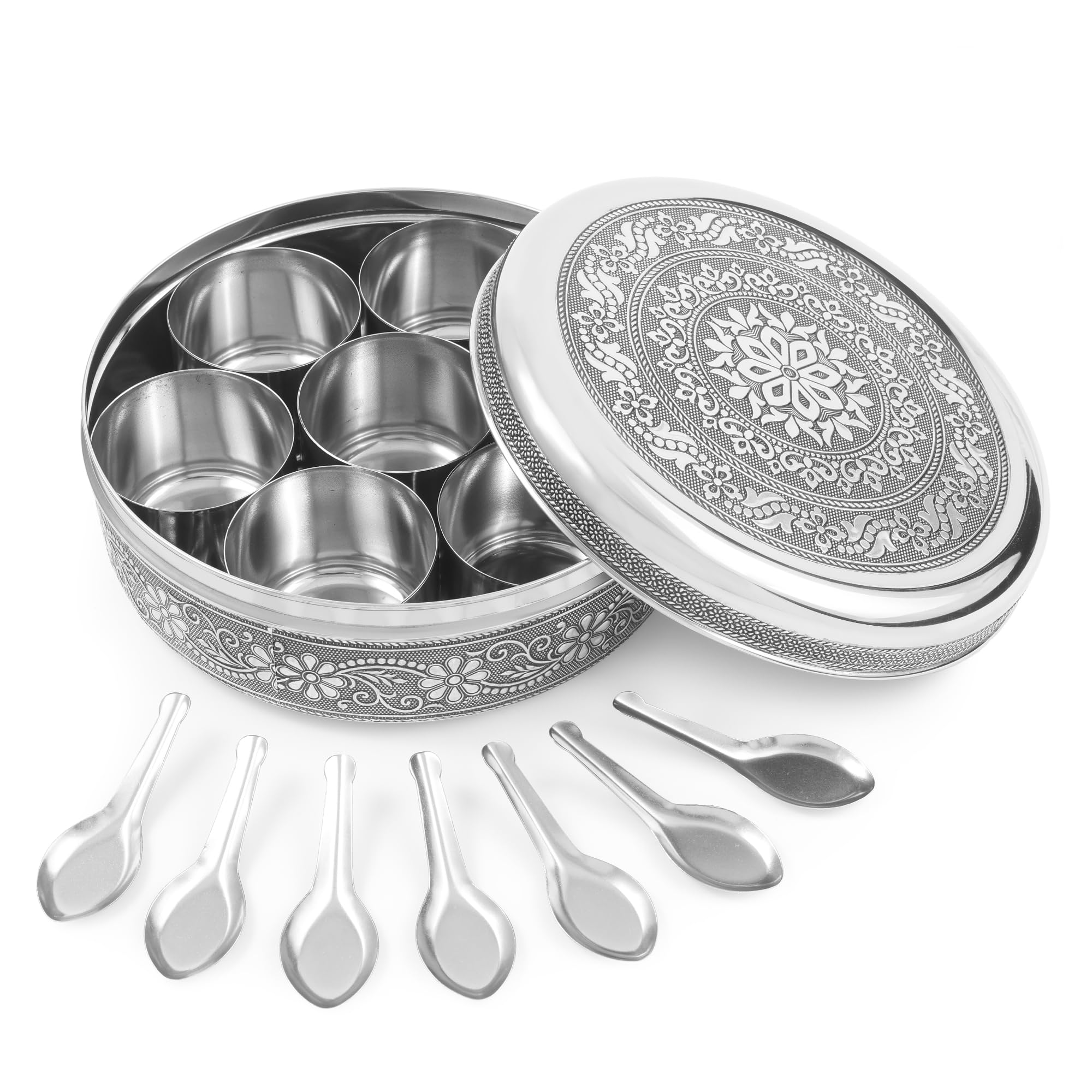 KSJONE Designer Spice Container Masala Dabba, 7 Spice Jars, Holds 7 Spices, Spice Container Box, Polished Stainless Steel with 7