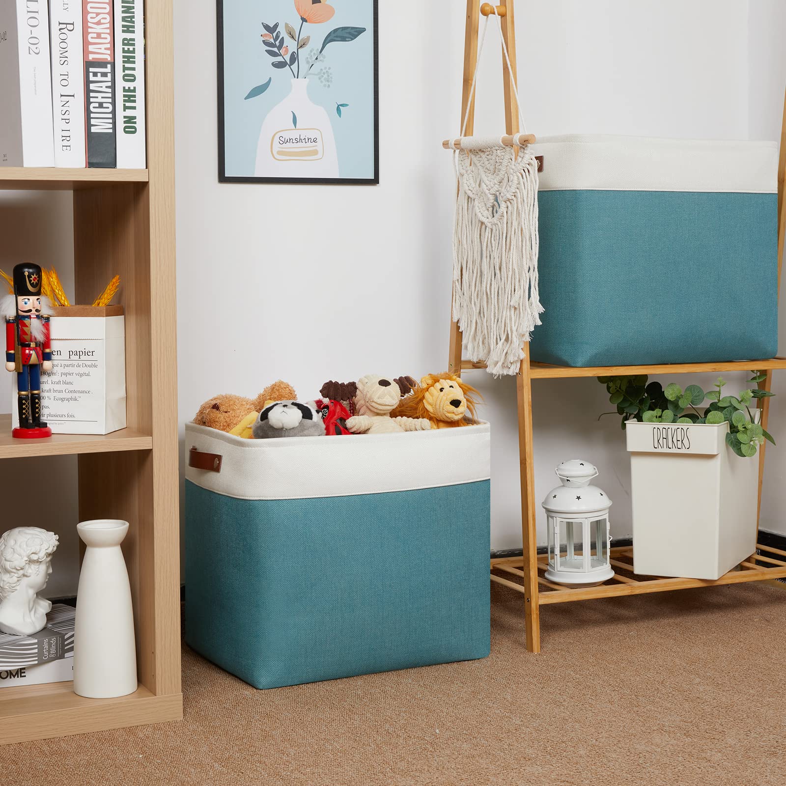 Hnzige Large Canvas Organizer Baskets For Organizing, Rectangular Shelf Baskets With Handles, Collapsible Linen Storage Basket F