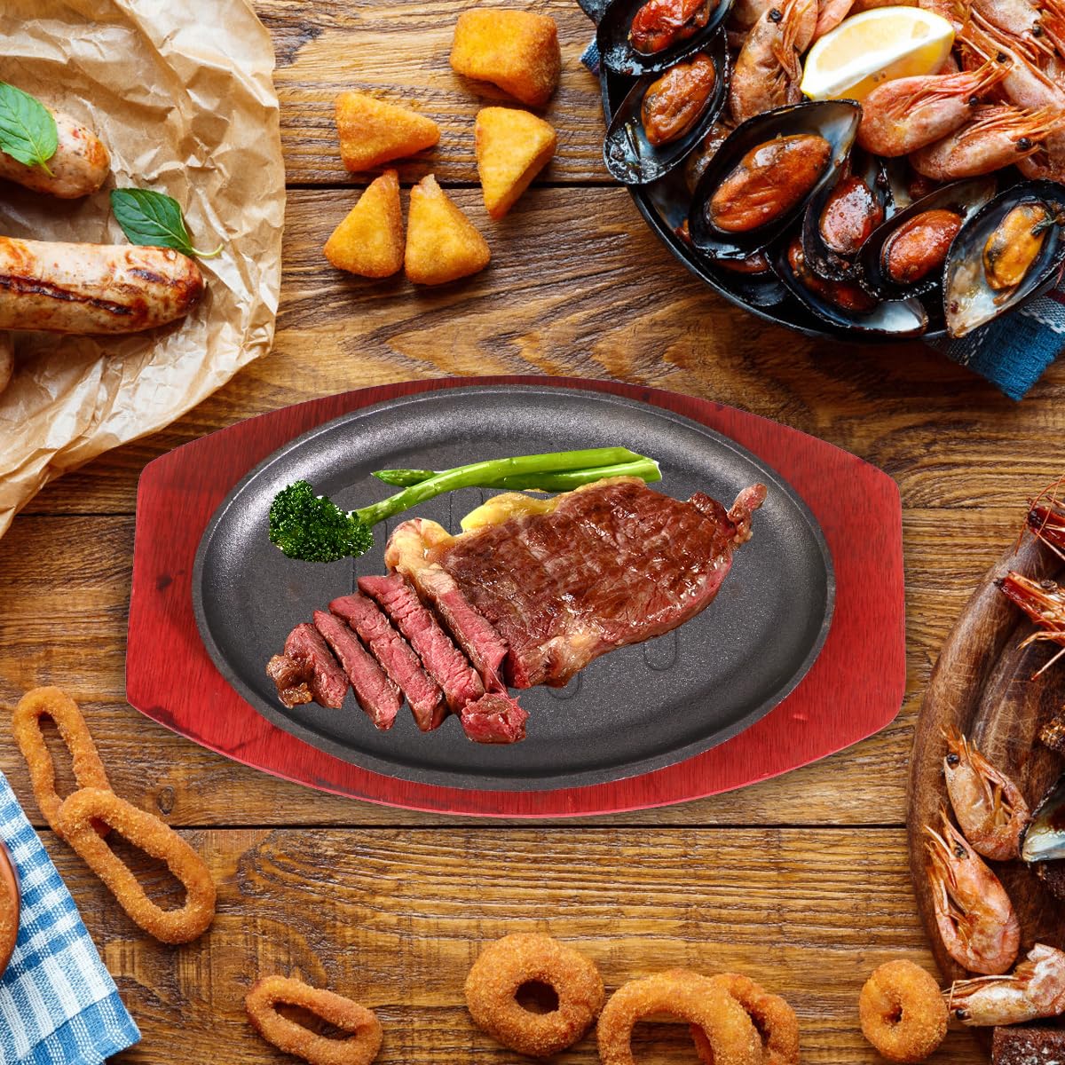 Yardwe Cast Iron Steak Pan, Round Sizzling Plate Fajita Skillet Steak Plate With Wooden Base For Kitchen Restaurant