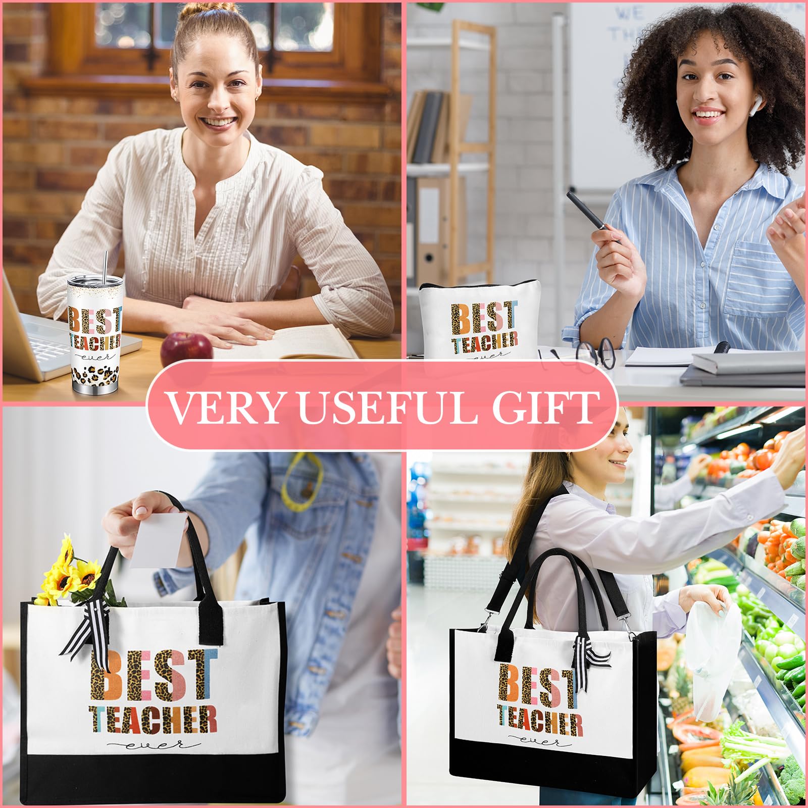 Sliner 4 Pcs Teacher Appreciation Gifts For Christmas Teacher Tote Bag For Women Teacher Gift Basket 20 Oz Insulated Tumbler Rai