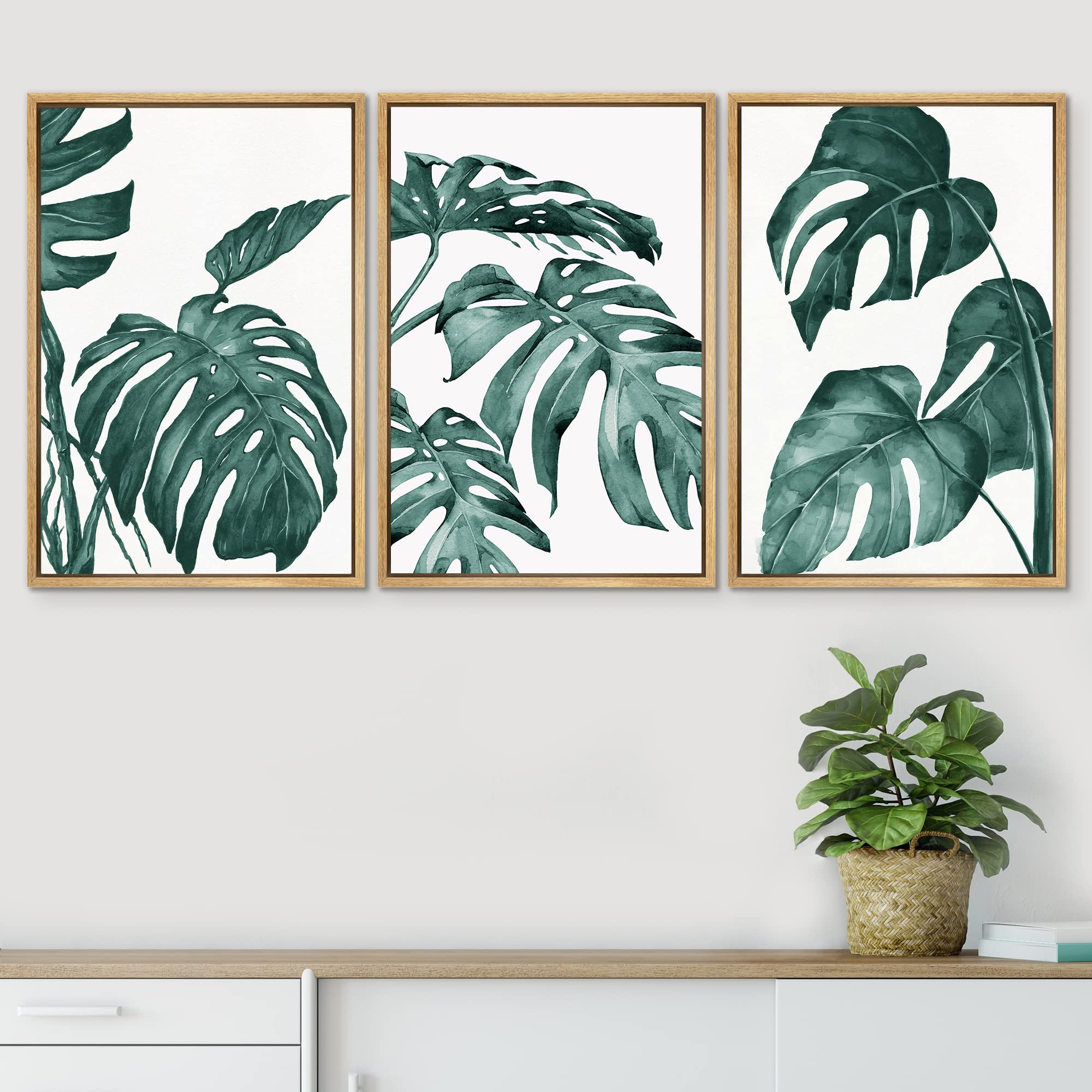 Signwin 3 Piece Framed Canvas Wall Art Tropical Plant Leaves Canvas Prints Home Artwork Decoration For Living Room,Bedroom - 16'