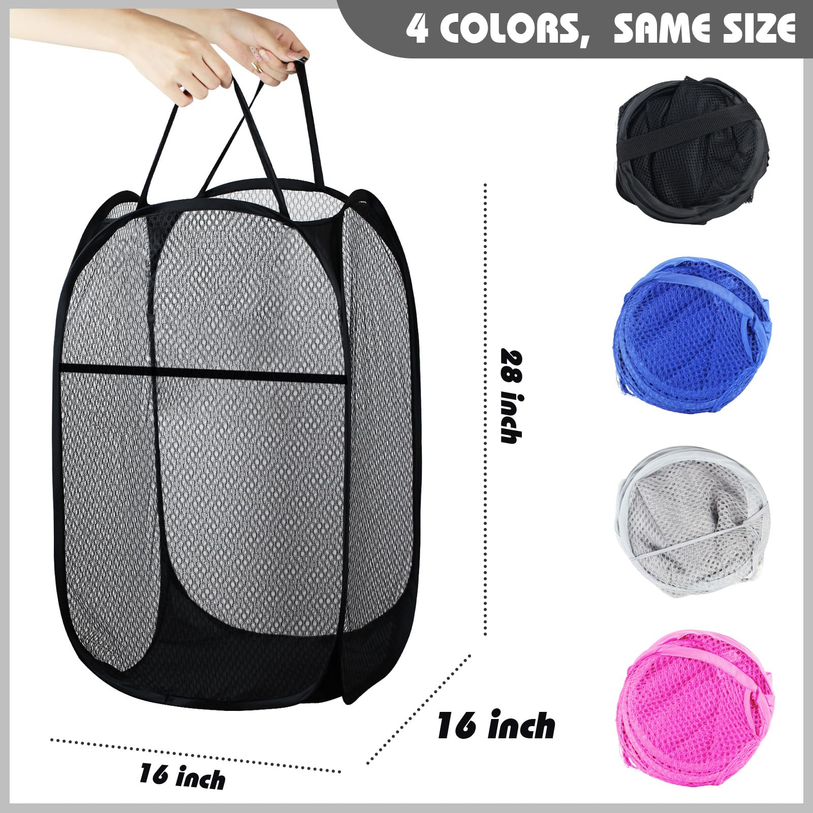 Buyongwant Collapsible Pop Up Laundry Hamper, Mesh Foldable Laundry Basket, Extra Large - 28'' X 16'' X 16''(Black)