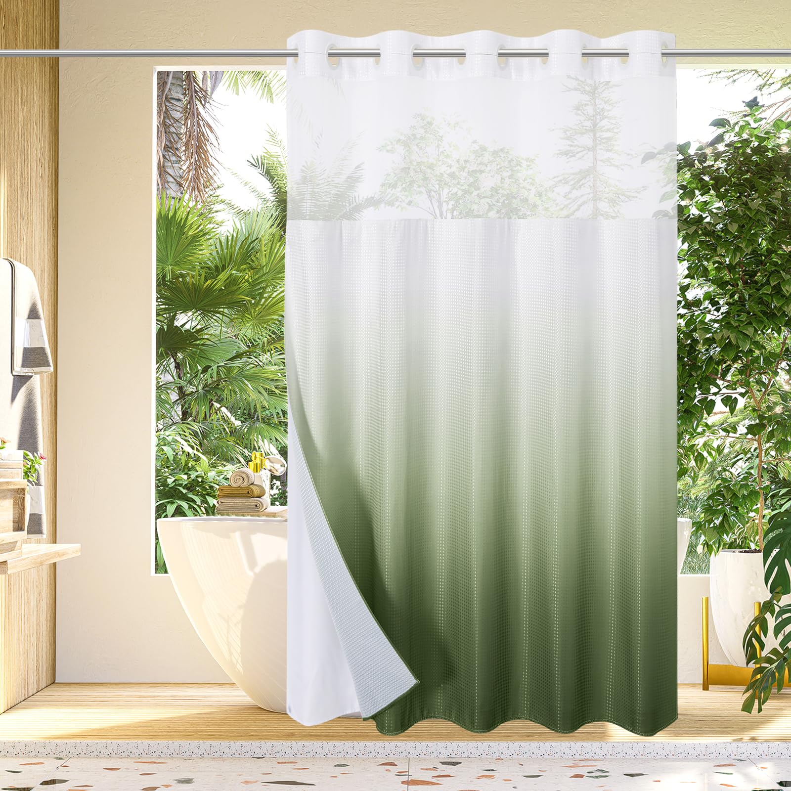 Gibelle No Hook Waffle Weave Shower Curtain With Snap-In Fabric Liner Set For Bathroom, Hotel Style With Mesh Top Window, Waterp