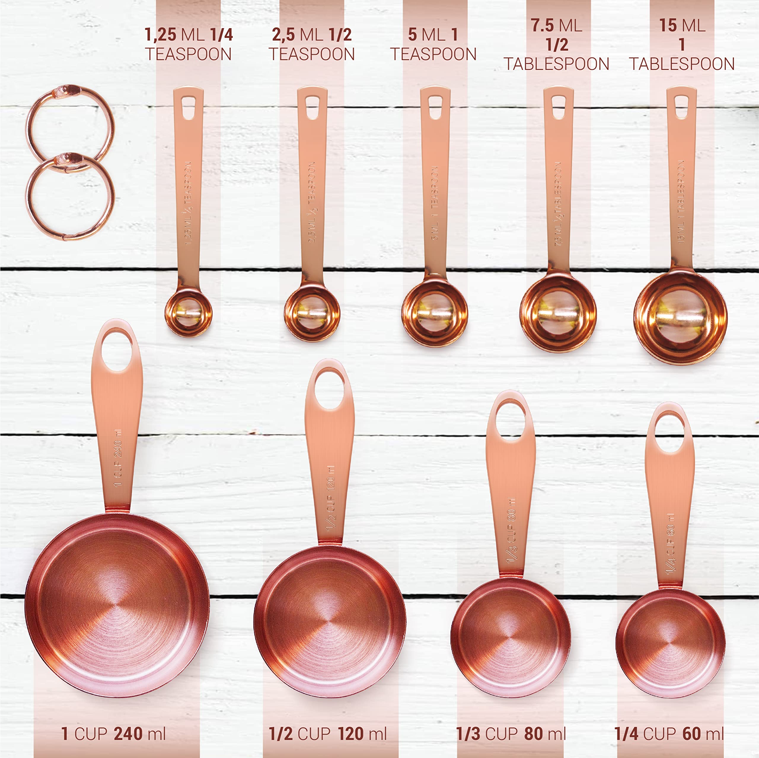 Agrus Measuring Cups And Spoons Set Of 9, Utensils For Dry And Liquid Ingredients, Copper Kitchen Accessories, Rose Copper Decor