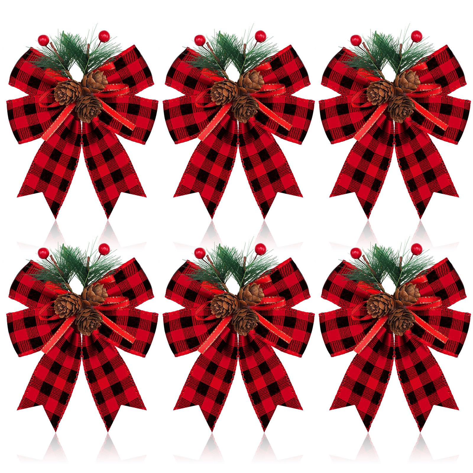 Syhood 6 Pcs Christmas Bows with Pine Cones Pine Needles Xmas Velvet Bows Black and Red Ribbon Christmas Tree Wreath Decoration 