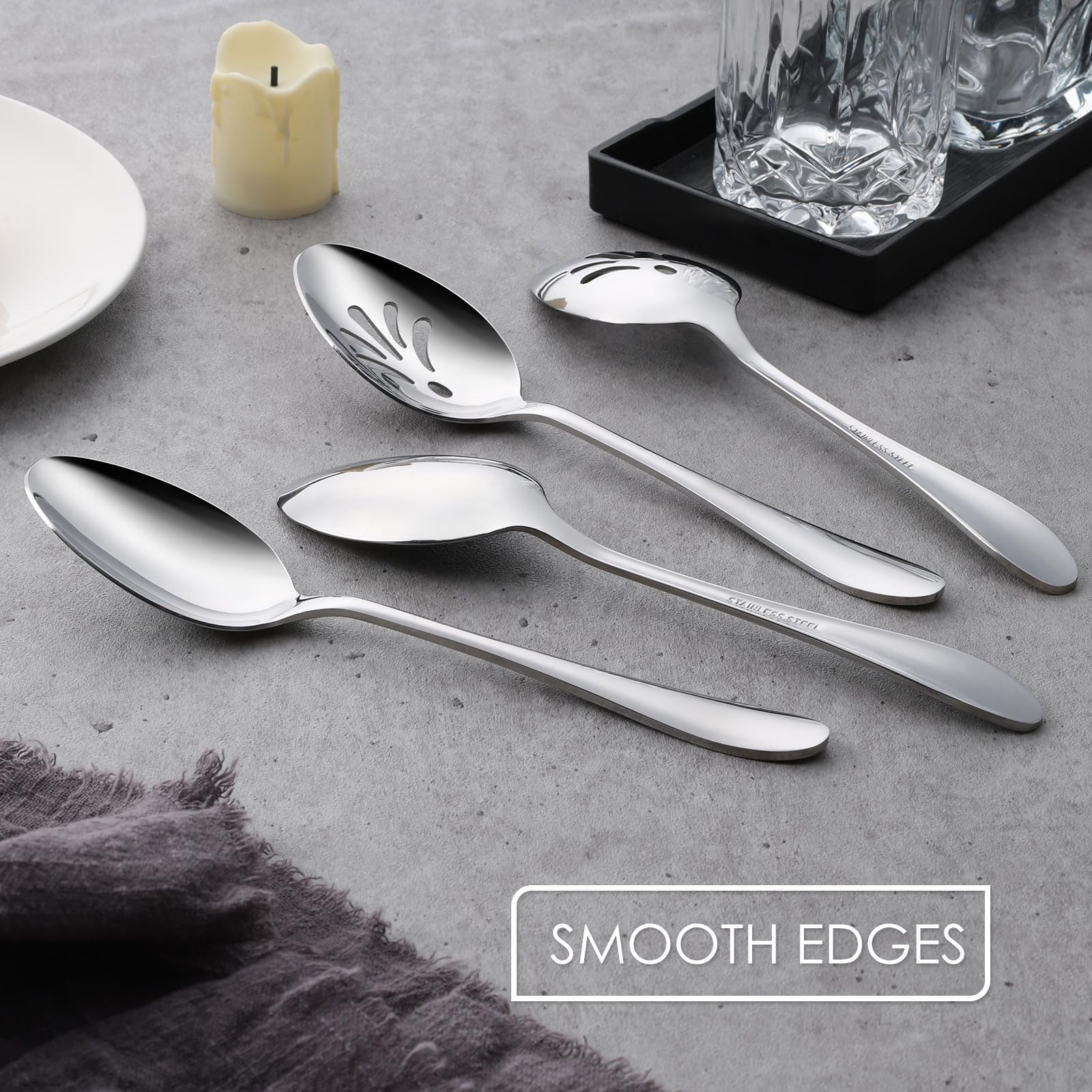 E-Far Serving Spoons, 4-Piece Stainless Steel Serving Utensils Set - Solid Spoons X 2, Slotted Spoons X 2, Metal Hostess Serving