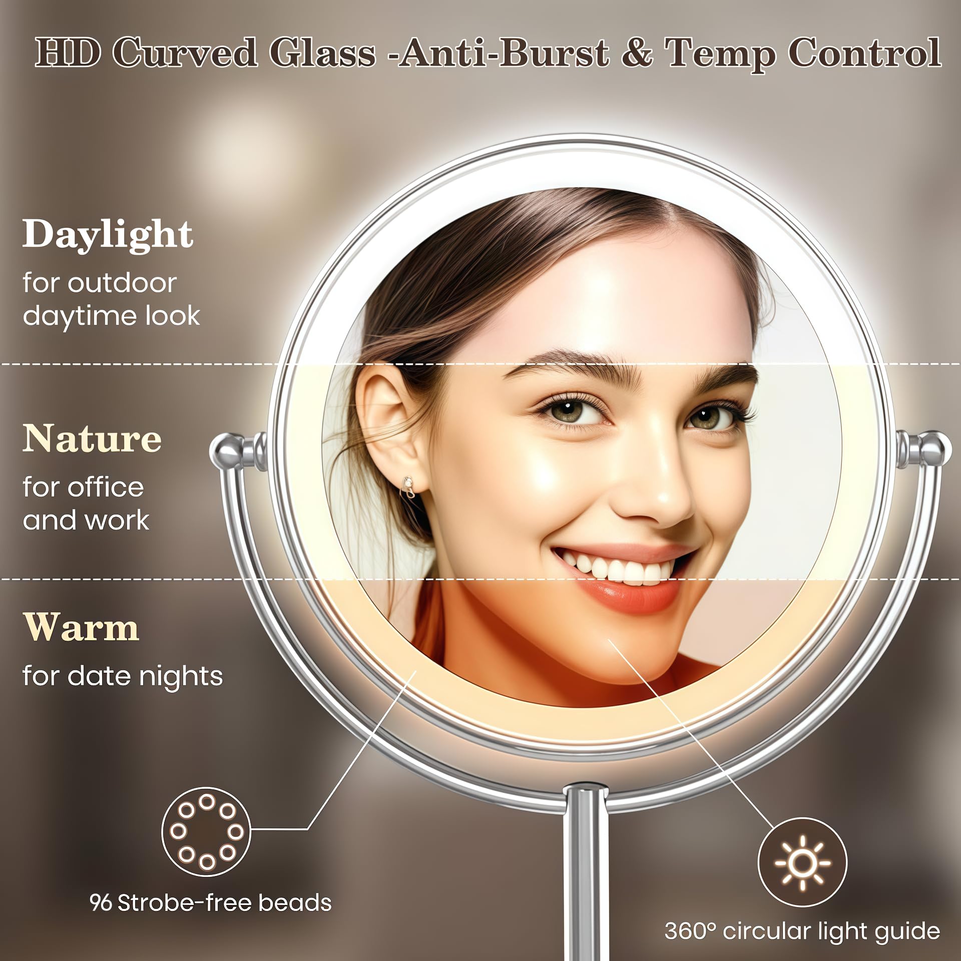 Vesaur Upgraded 11 Large 17 Tall Lighted Makeup Mirror Silver, 1X/10X Dual-Sided Magnifying With 15X Suction Mirror, 3 Color Adj