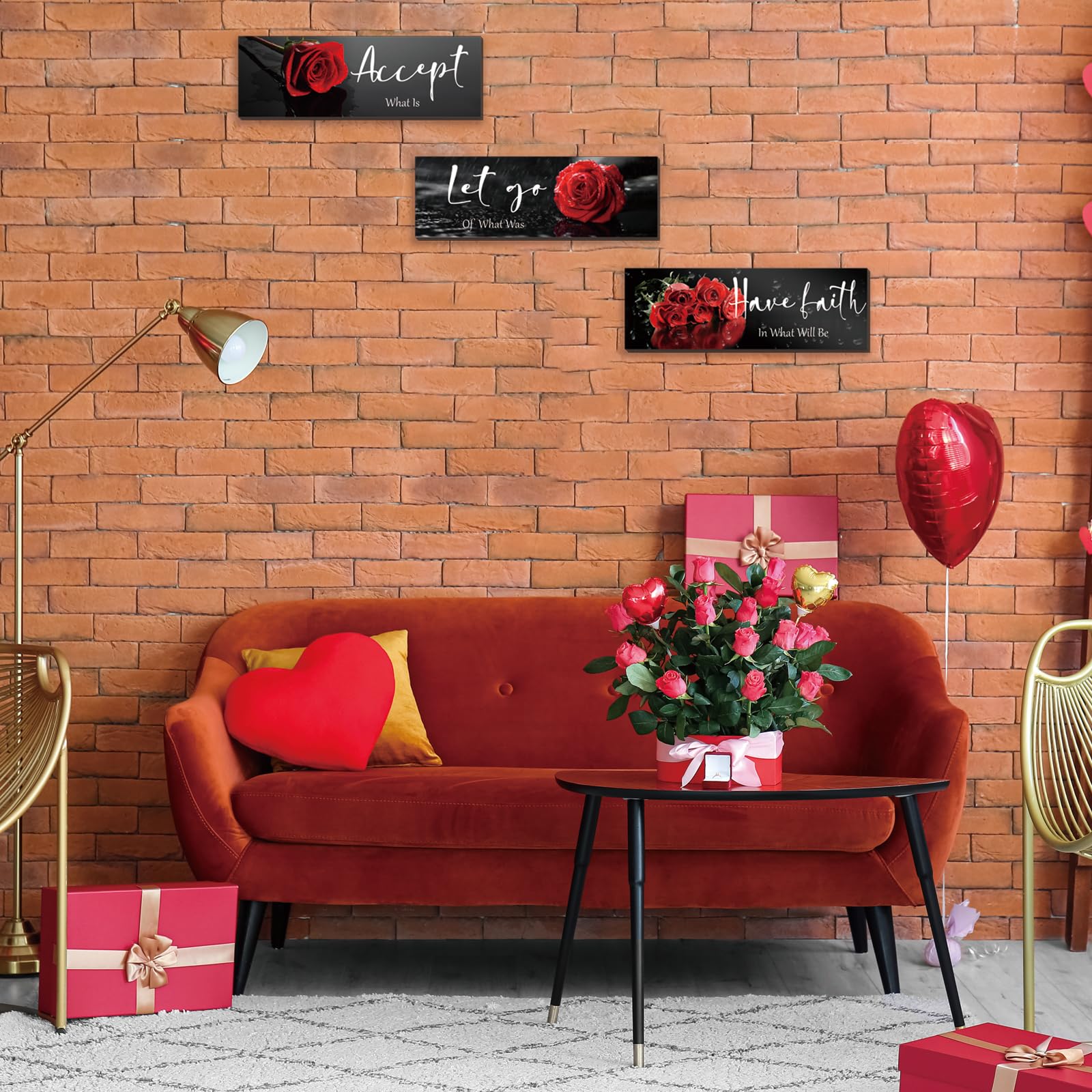 ZINYAZHE 3 Pcs Red Decor Flower Inspirational Wooden Wall Art Red Roses Office Wall Decor with Accept Let Go Have Faith Positive