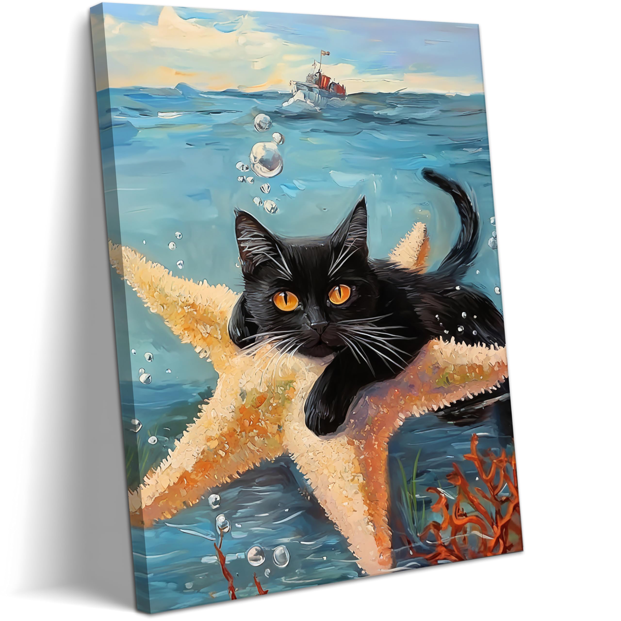 Yaneiro Funny Cat Poster Wall Art, Abstract Cat Lying On Starfish Canvas Print Wall Decor 12X16 Inch