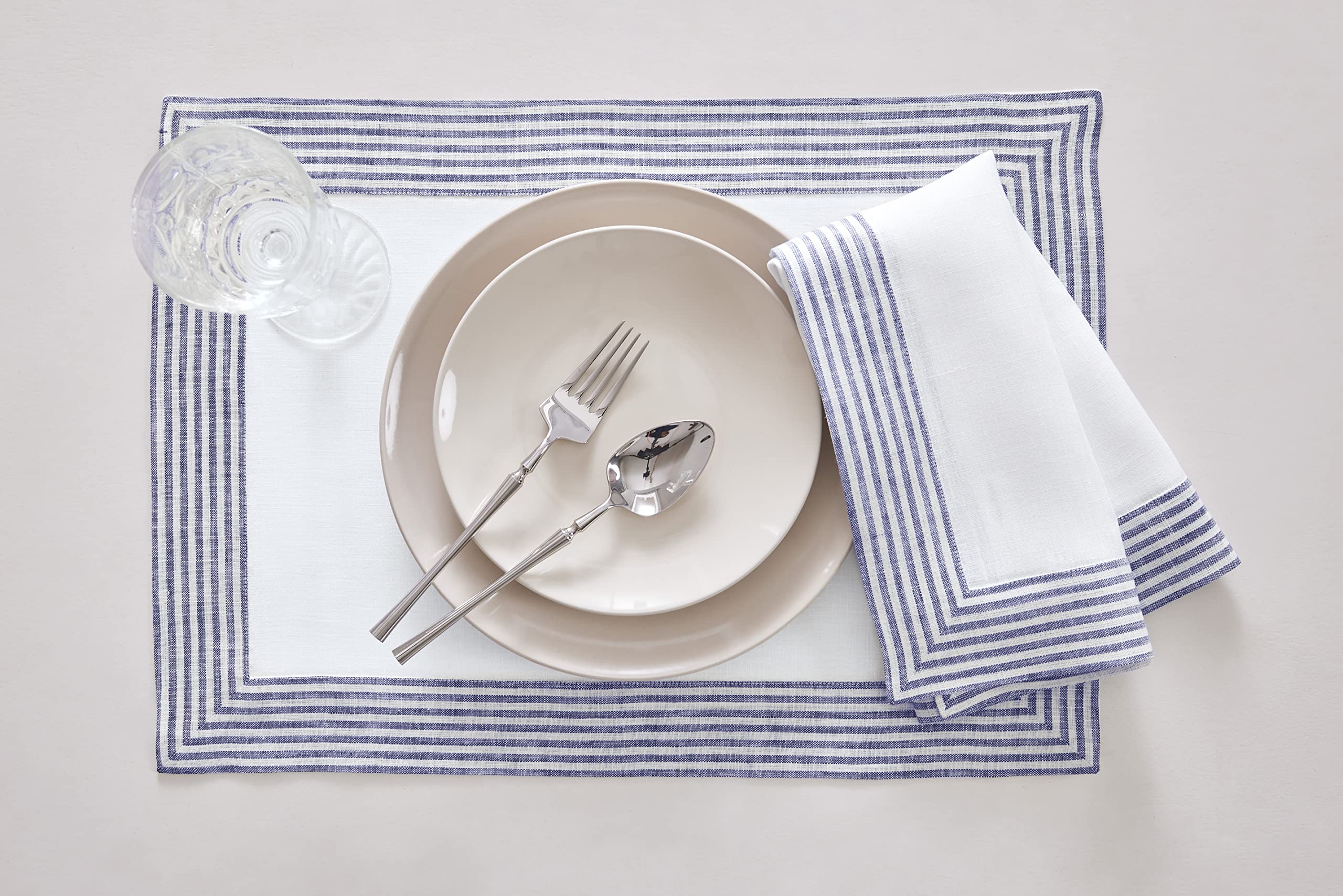 Solino Home Linen Placemats Set Of 4-100% Pure Linen Cloth Fabric Placemats Navy - 19'' L X 14'' W Inch Washable Dining Place Ma