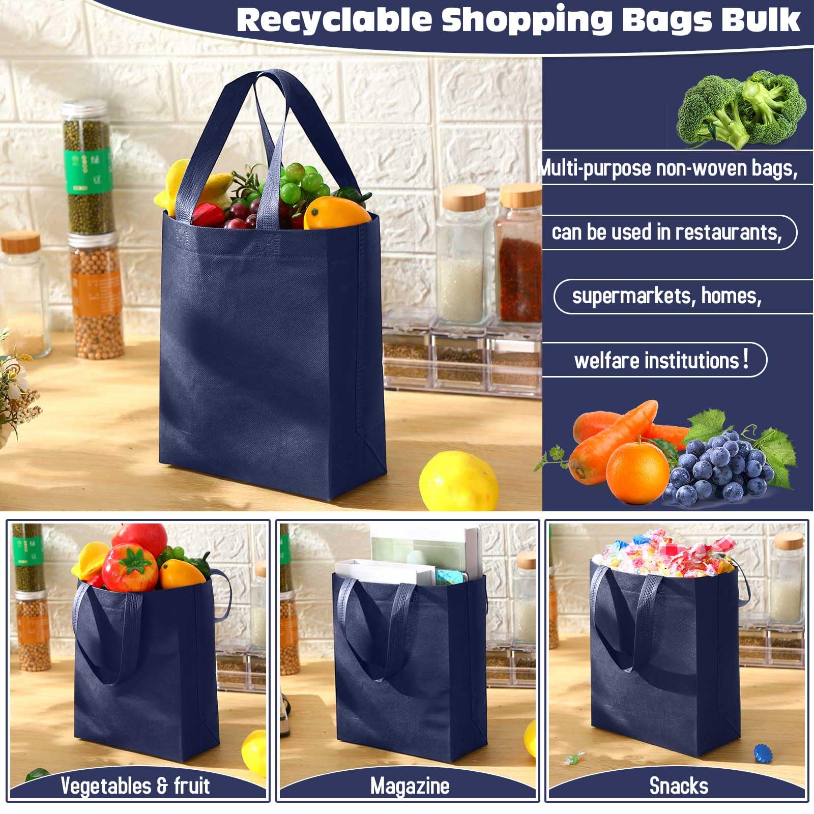 Windyun 50 Pcs Reusable Tote Bag Bulk 8 x 4 x 10 Inch Non Woven Shopping Bag with Handle Christmas Reusable Grocery Gift Tote(Na