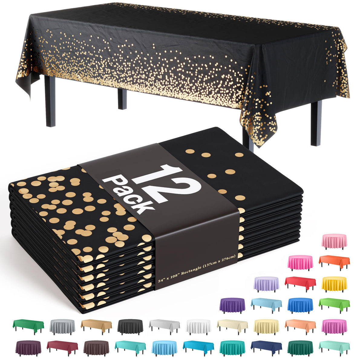 Exquisite White And Gold Tablecloth 12-Pack New Years Plastic Tablecloth Black And Gold Dot 54In. X 108In. Rectangle Table Cover