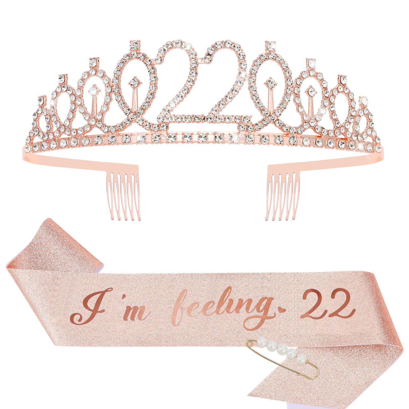 CIEHER 22nd Birthday Sash and Tiara Rose Gold, 22nd Birthday Decorations for Women 22nd Birthday Gifts 22nd Birthday Sash 22 Yea