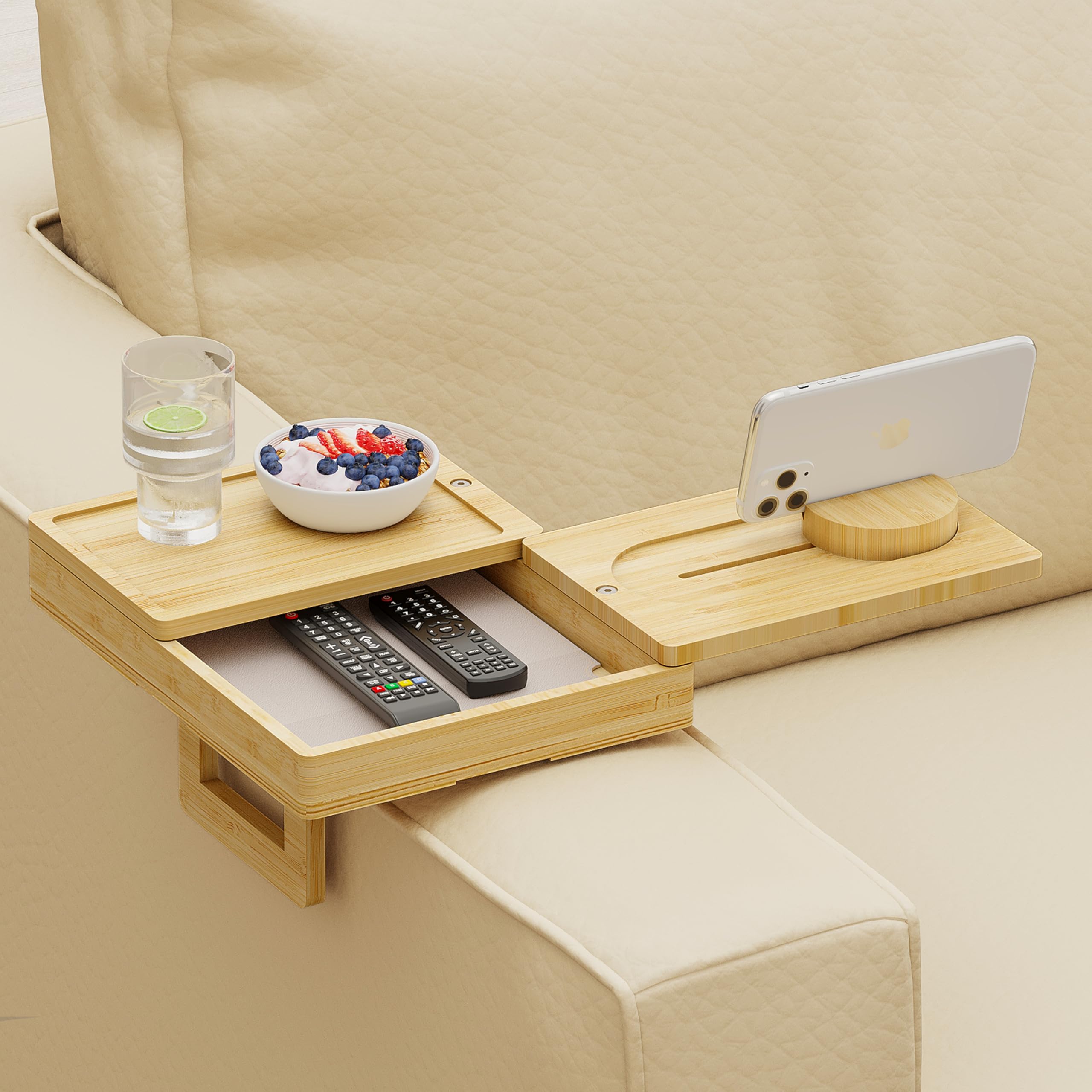Wealone Bamboo Couch Arm Tray with 2 Rotatable Tray, Adjustable Sofa Arm Clip Table with Storage Box & 360 Phone Holder, Couch A