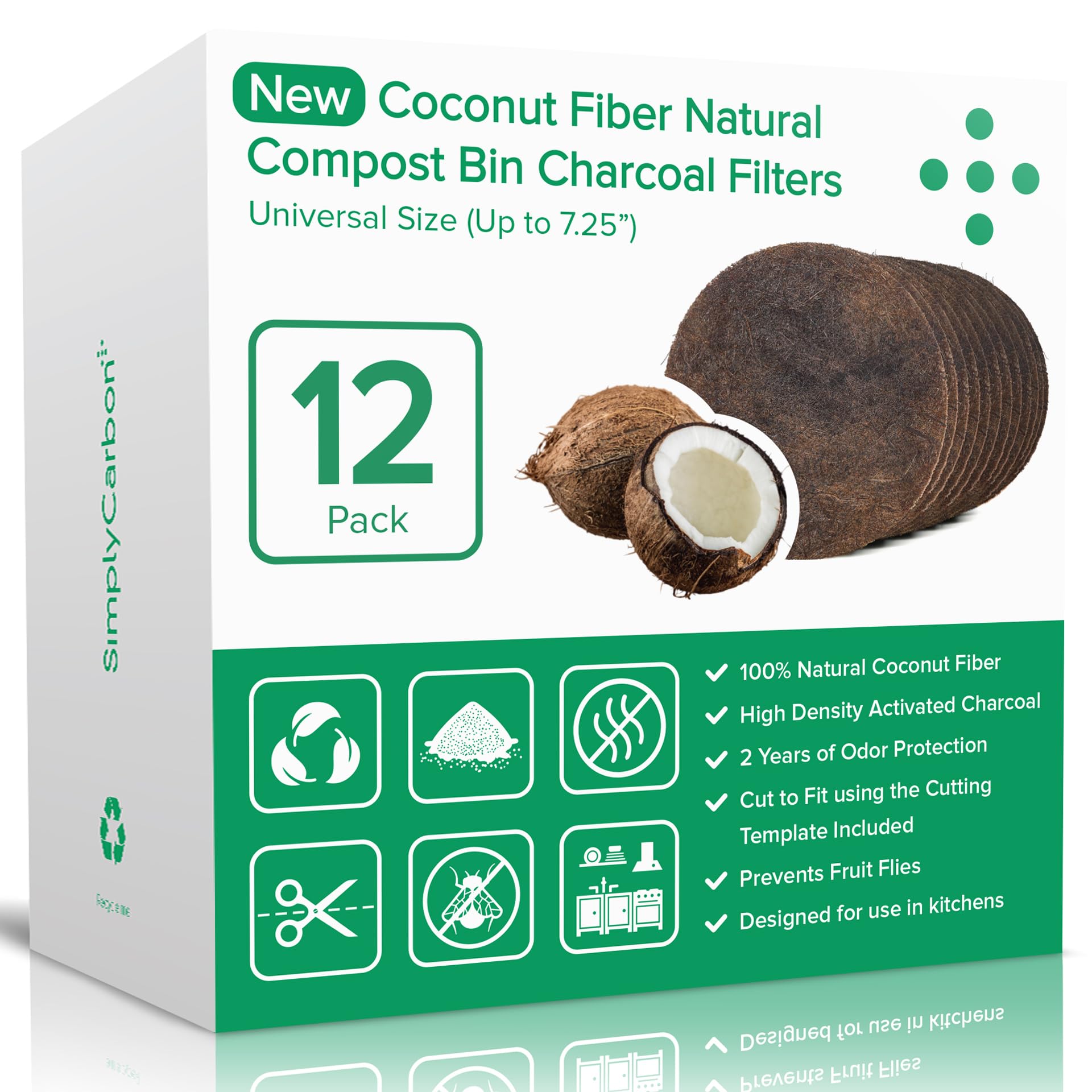 Biodegradable Natural Filter - 2 Years Supply For Kitchen Compost Bins - Longer Lasting Activated Charcoal - Universal Size Fits