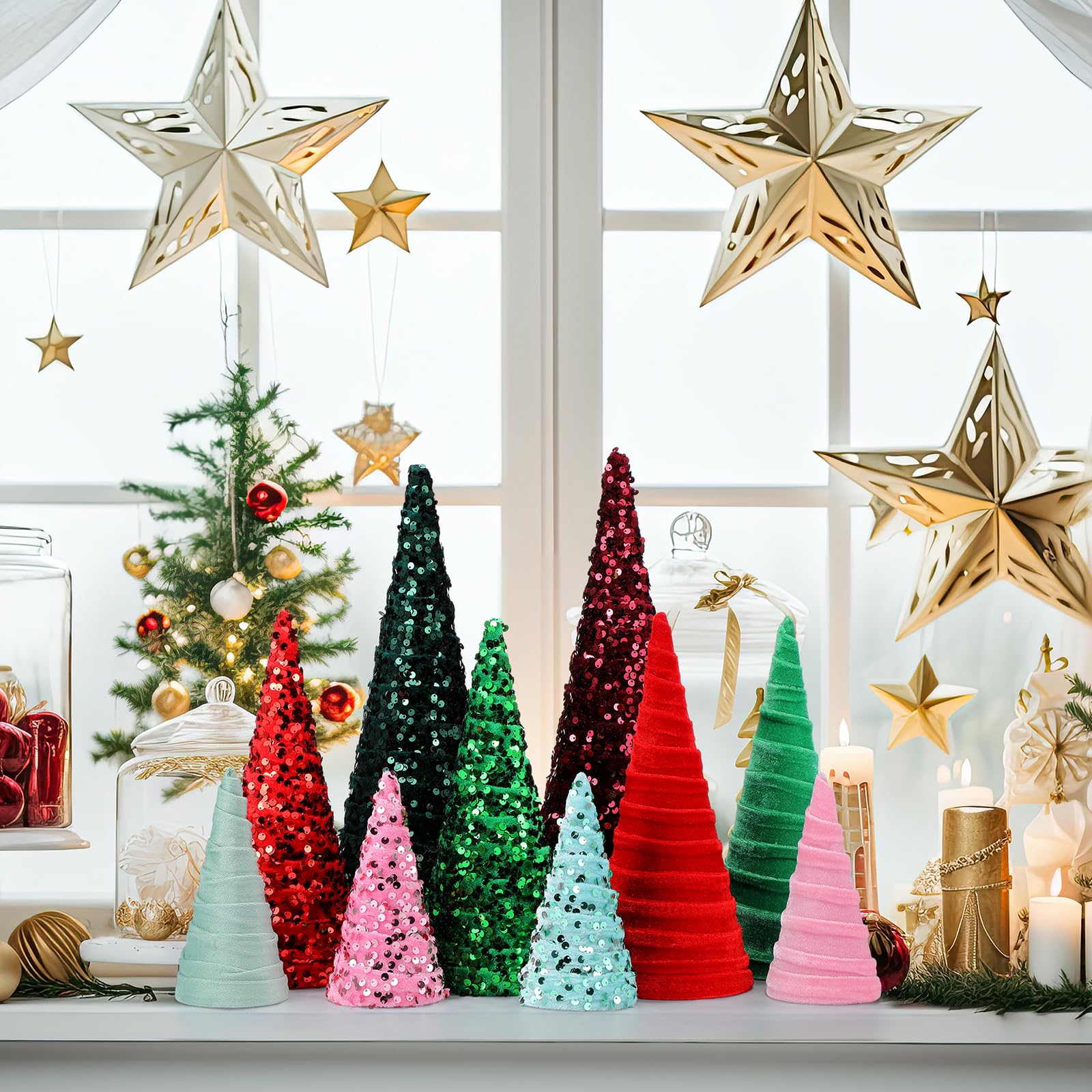 Ireer 12 Pcs Christmas Velvet Trees Set Various Size Velvet Cone Modern Decorations Indoor Table Tree Centerpiece Minimalist Xma