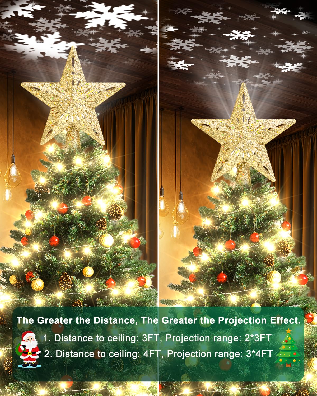 Kesfitt Christmas Tree Topper with 10M Warm Light Cord, Tree Top Star Decoration with 6 Projection Modes, Gold Tree Topper Light