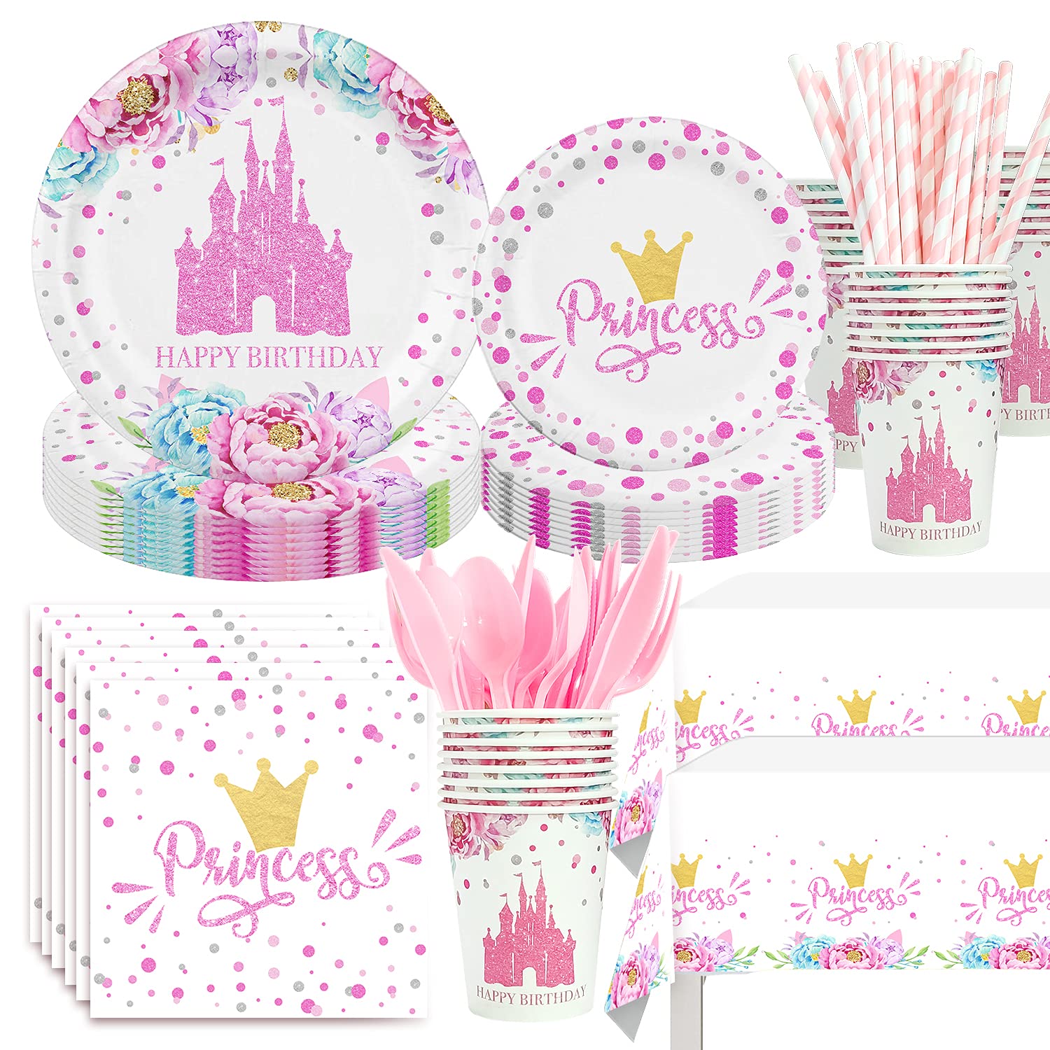 Naiwoxi Princess Birthday Party Supplies - Princess Party Decorations Tableware Set Include Plates, Napkins, Cups, Cutlery, Tabl