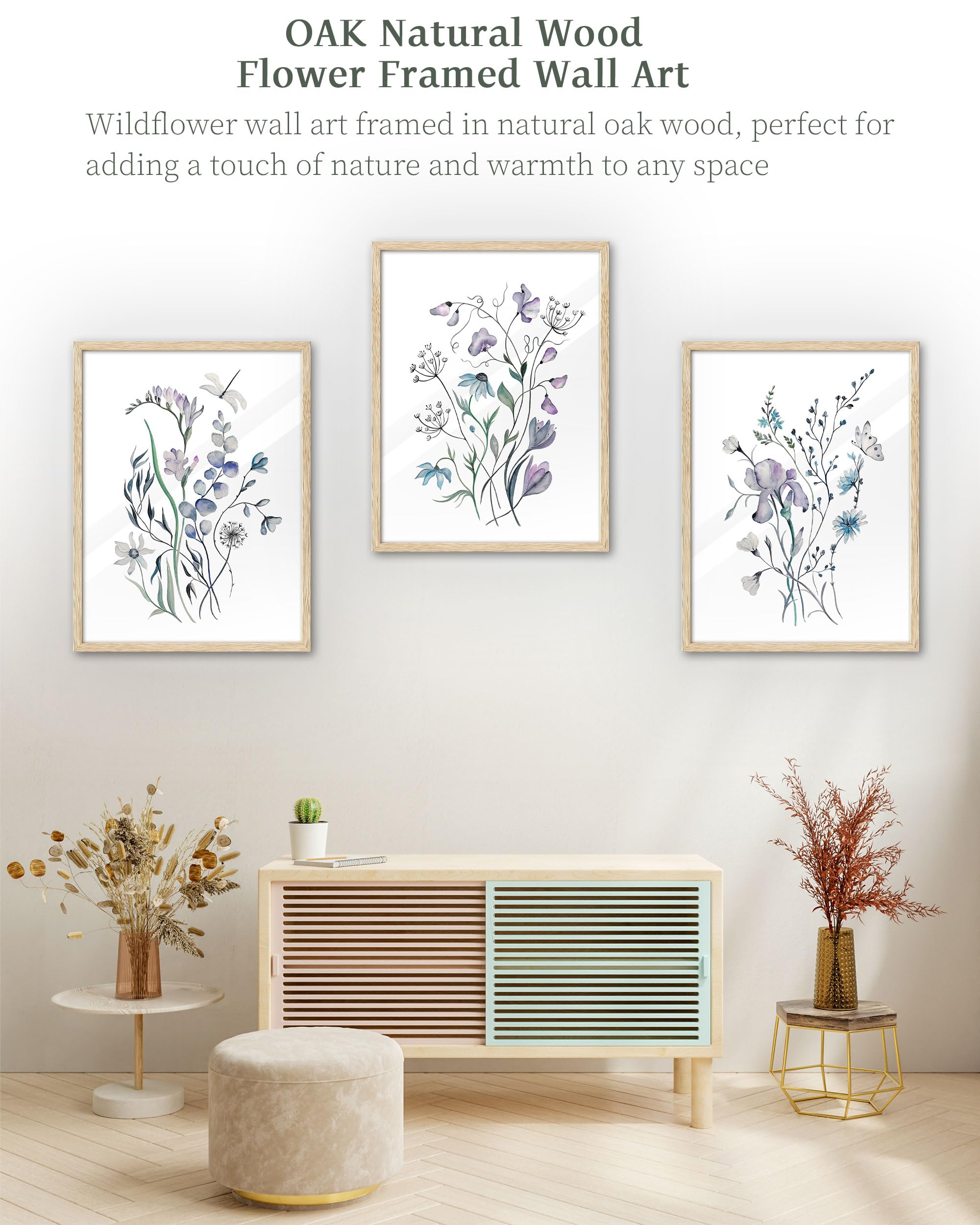 Ihery Natural Oak Wood Framed Blue Floral Wall Art, 12X16 In Set Of 3 Colorful Wildflower Canvas Prints, Beige Narrow Frame Bota