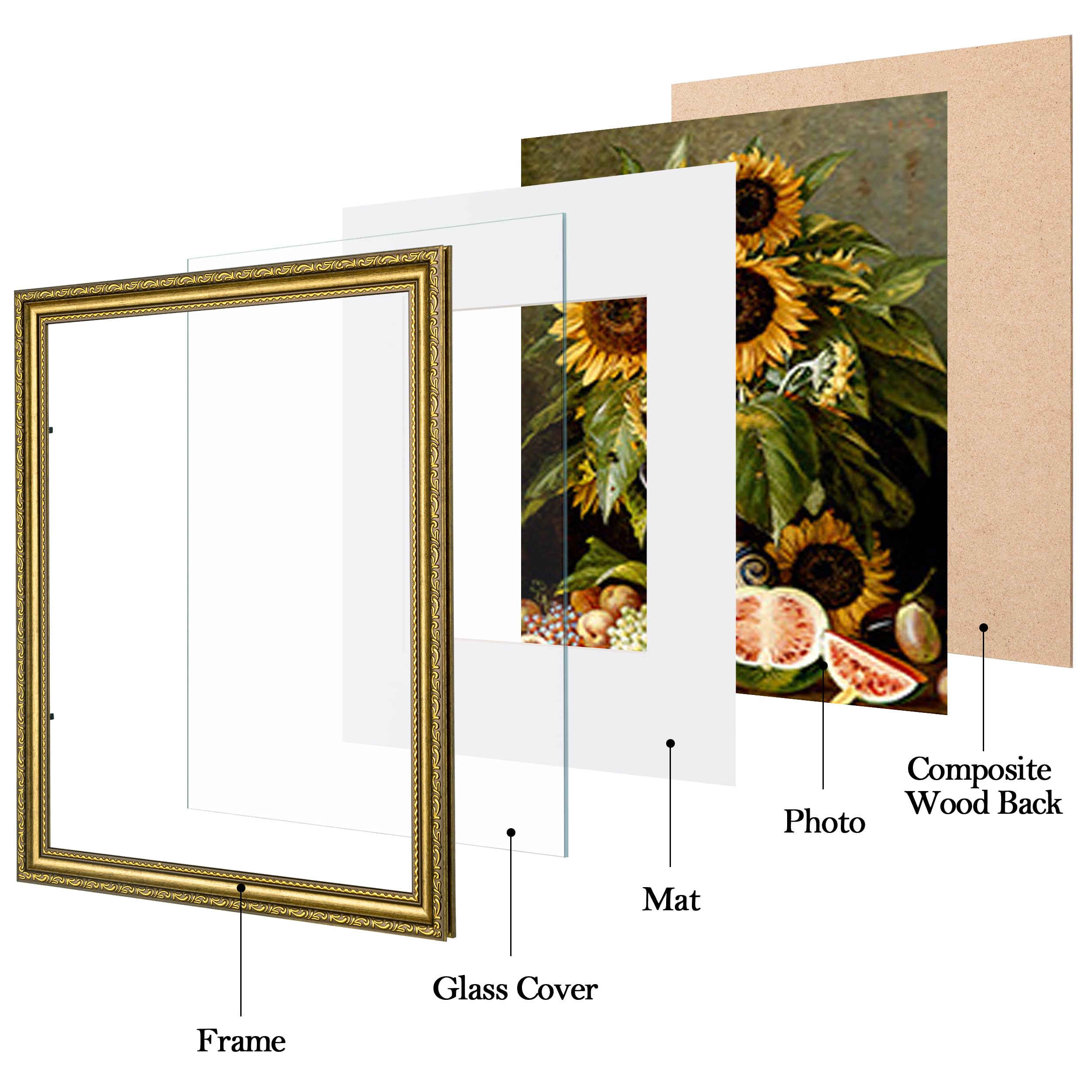 eletecpro 11x14 Picture Frames Set of 4, Vintage Photo Frame with Glass, Gold Frames 11 x 14 Display 8x10 Photo with Mat or 11x1