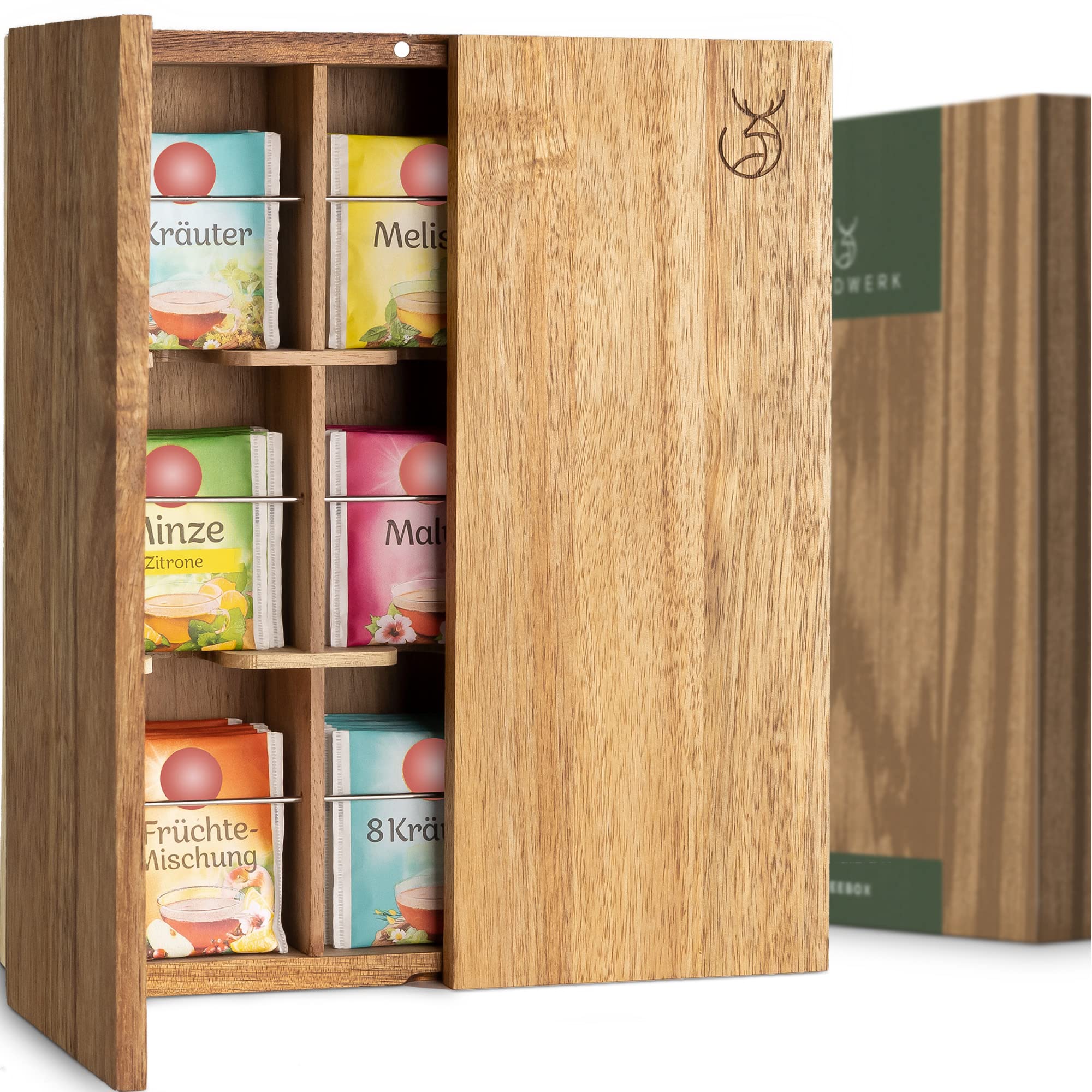 WALDWERK Tea Storage Organizer (9 Compartments)  Tea Organizer Made of Solid Acacia Wood  Tea Box with Wall Mounting Option  